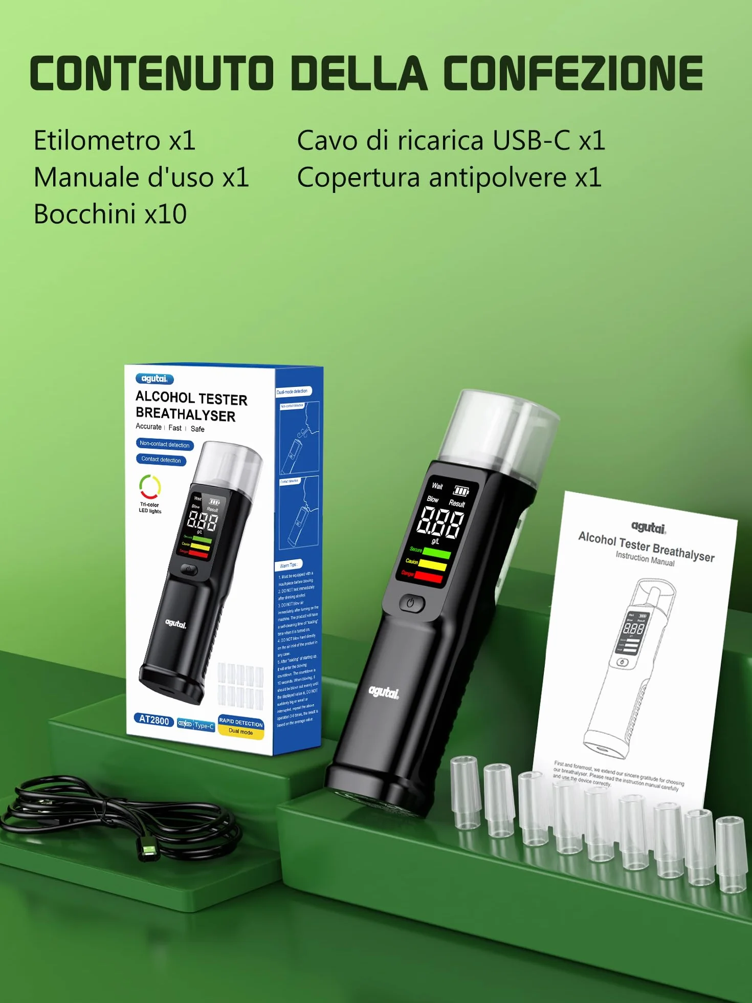 Etilometro Portatile Certificato USB C Ricaricabile Alcol Test con Display LCD - 10 Bocchini
