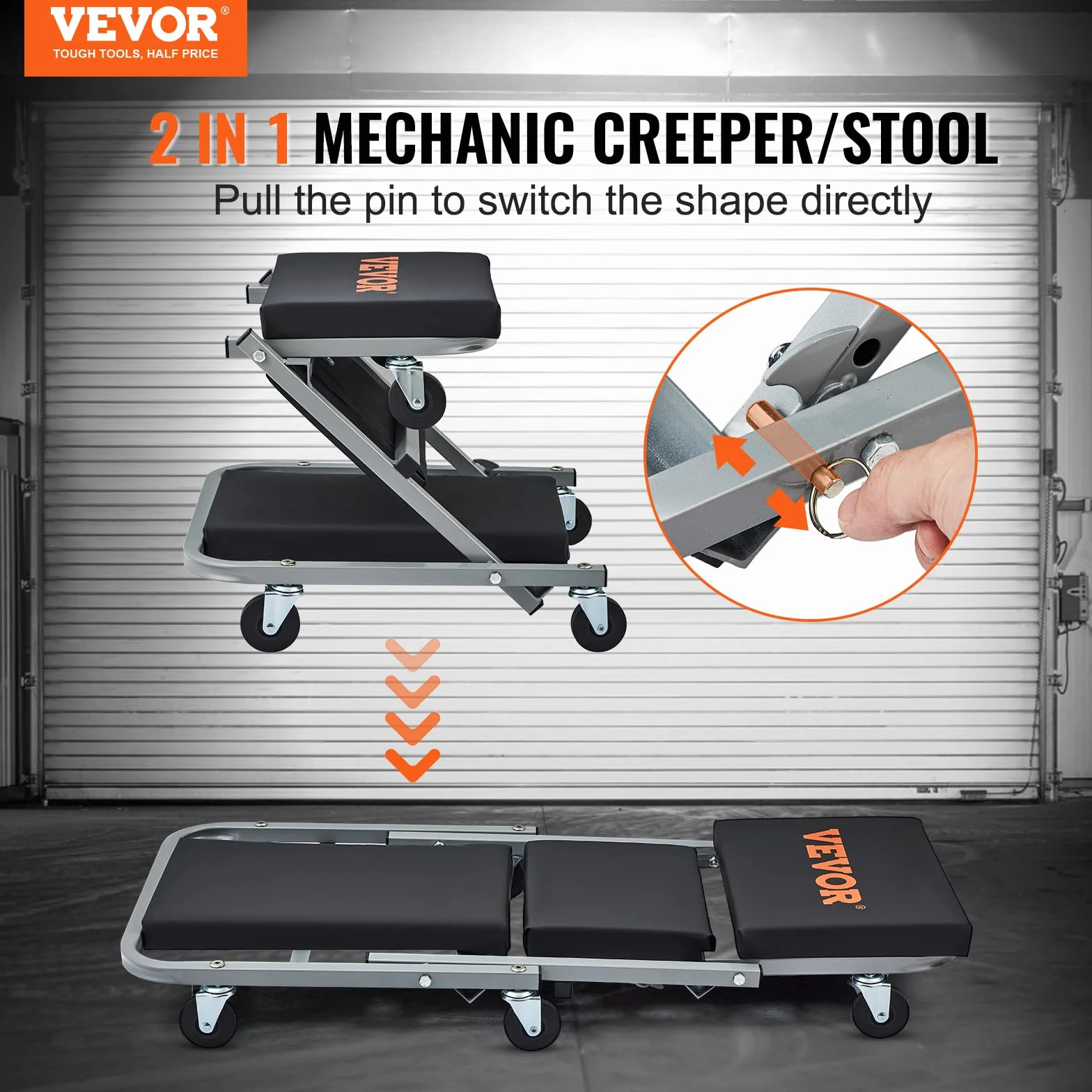 VEVOR Sgabello Carrello Trasformabile 6 Ruote Girevoli Capacità Carico 136kg Pieghevole a Forma di Z