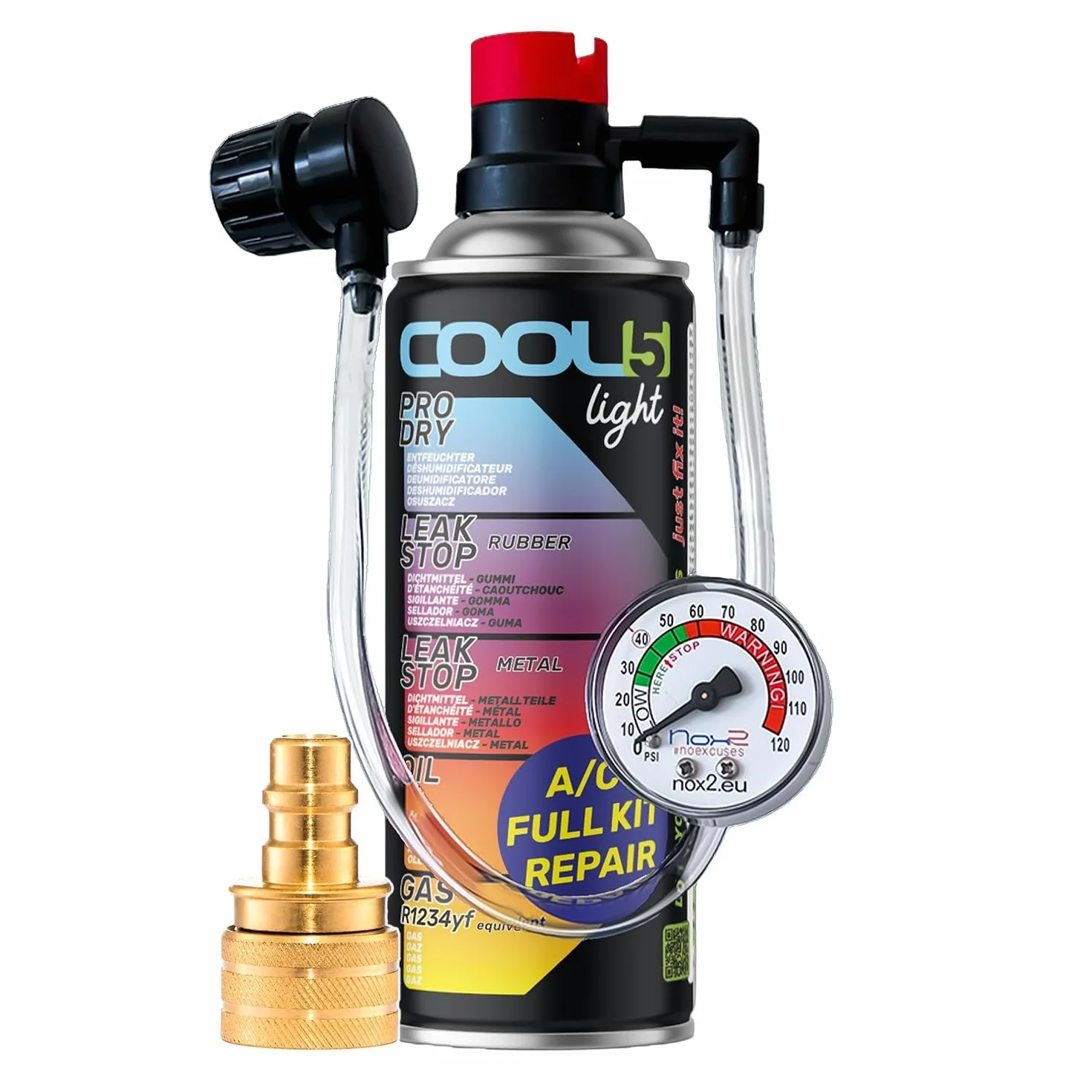 Hobby - Ricambio per refrigerante R1234yf, Ricambio per Gas Klimagas R1234yf, sigillante per condizionatori d'Aria R1234yf, 1 Barattolo 5 in 1 r1234yf con Tubo Integrato con manometro