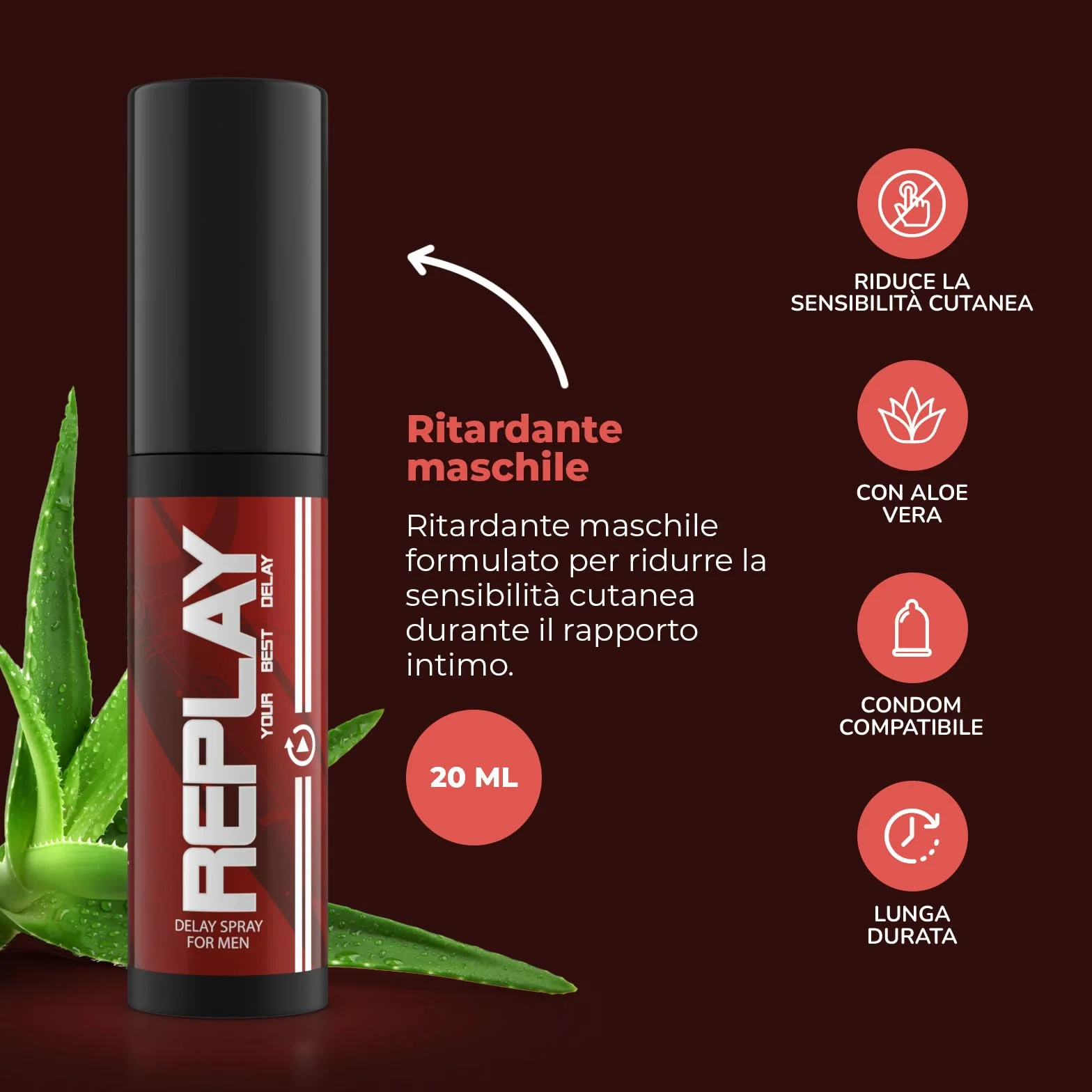 Replay Spray Ritardante Intimo per Uomo Effetto Desensibilizzante Idratante 20ml