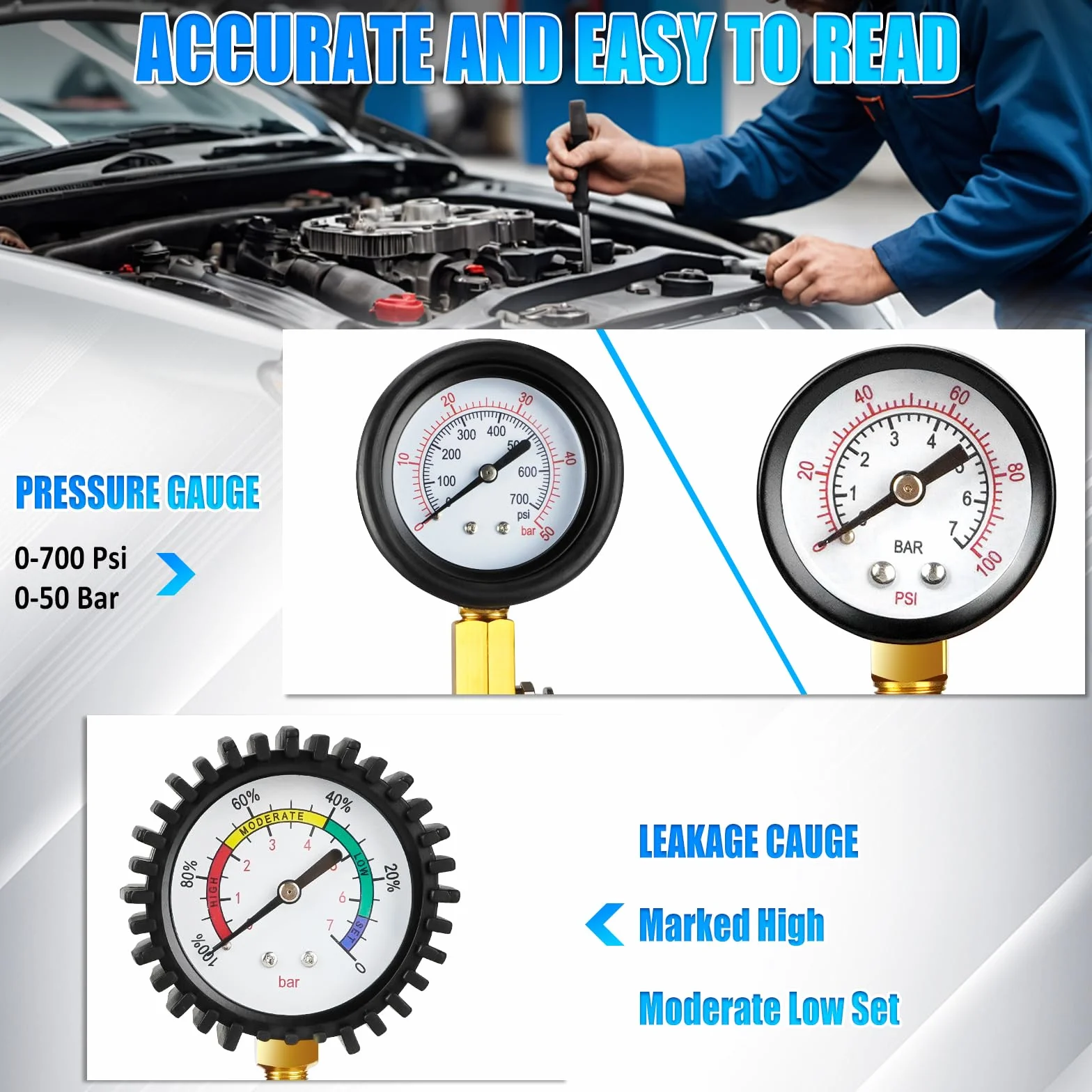 D-Lumina Tester di Compressione Professionale da 46 Pezzi, Tester di Perdita di Pressione per Motori Diesel e Benzina con Adattatore per La Maggior Parte dei Motori di Auto, Camion, Agricoli e Marini.