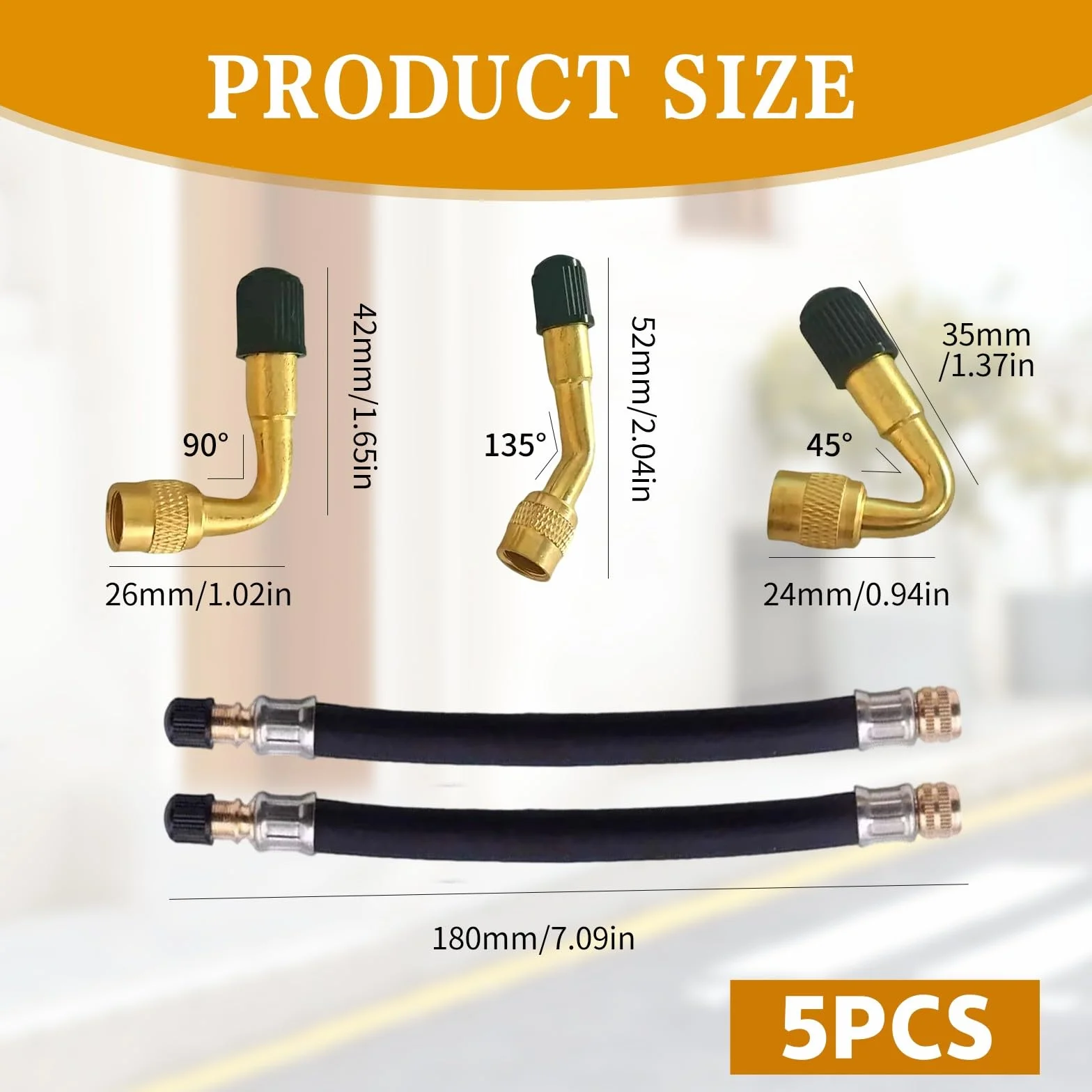 Kit Gonfiaggio Pneumatici Auto, 5 Pezzi Prolunga Valvola Pneumatici Set, Adattatori Valvola Gradi con Tubi di Prolunga in Gomma