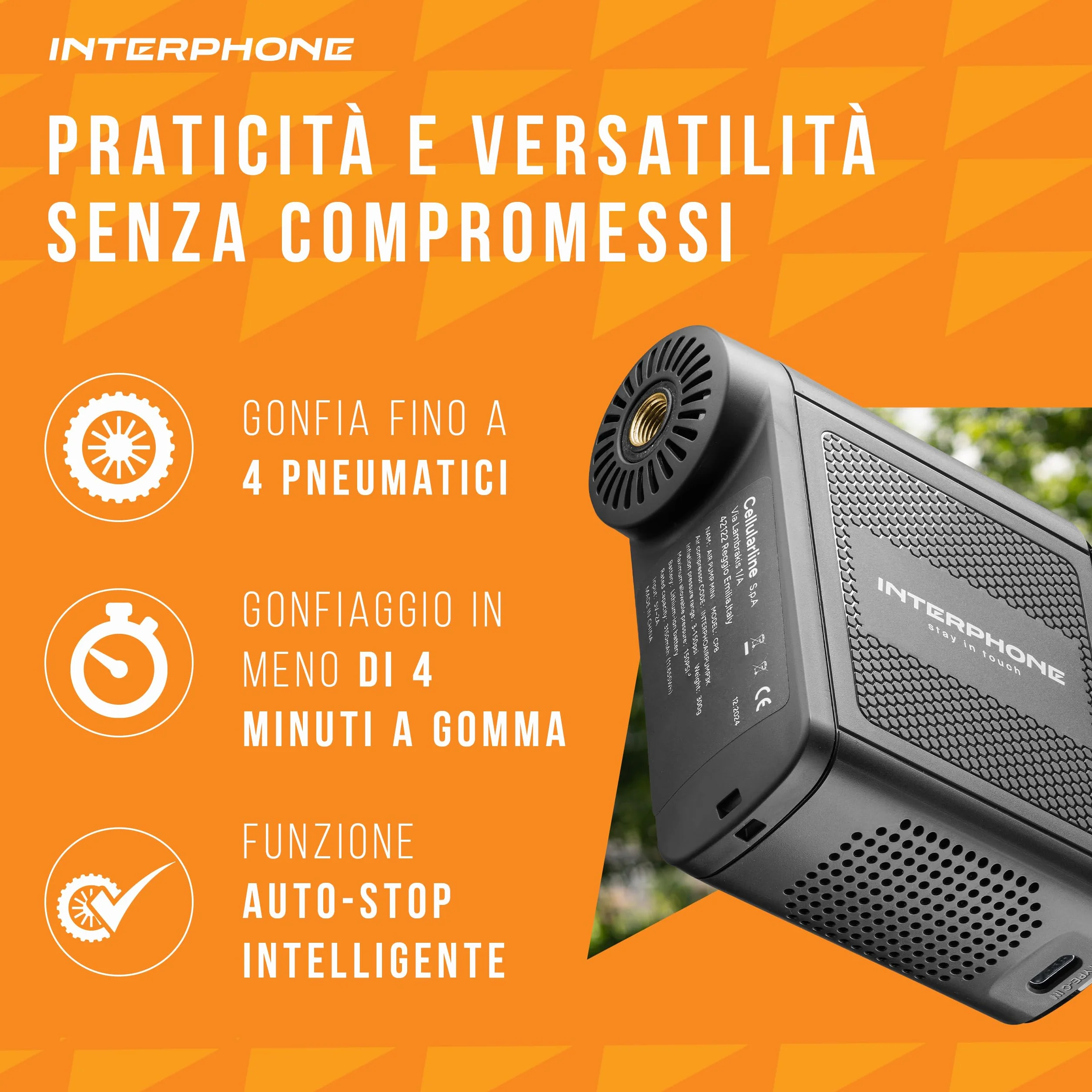 INTERPHONE Air Pump Mini Compressore Portatile Ricaricabile, Gonfia Gomme Auto Moto Bici