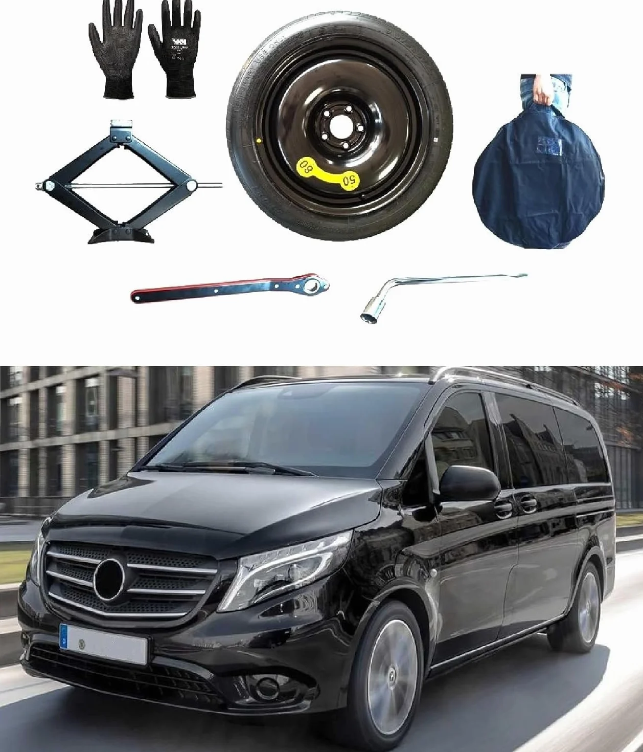 Kit Ruotino di Scorta 16" compatibile Mercedes Vito con Cric, Chiave, Guanti e Sacca