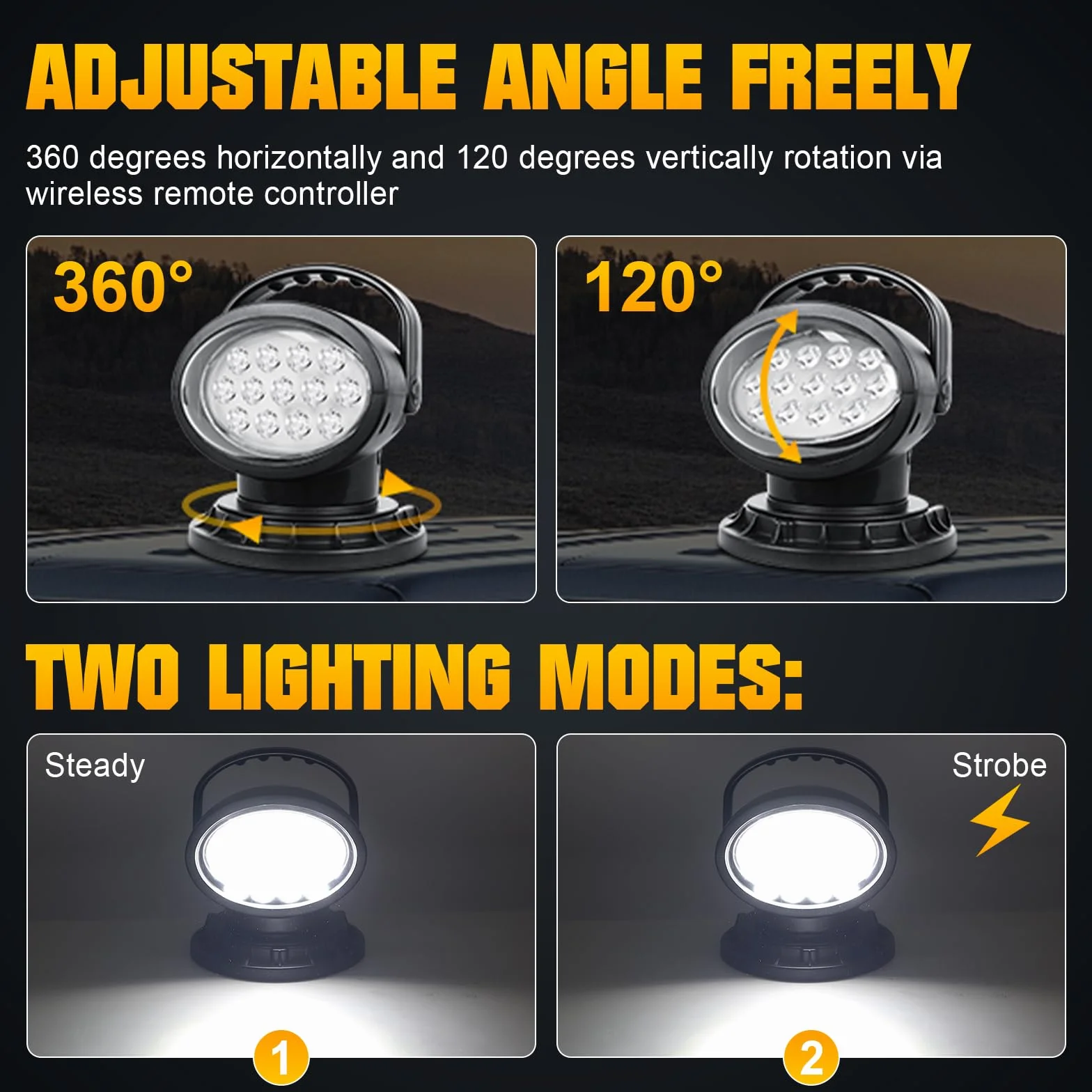 RIGIDON Strobo Faro da ricerca Led, 38W 3800LM Spotlight Rotazione 360° Telecomandato Luce da Lavoro esterno con Magnetica, Luce da Ricerca per Auto Fuoristrada Camion SUV 4x4 Barca, Faretto a led