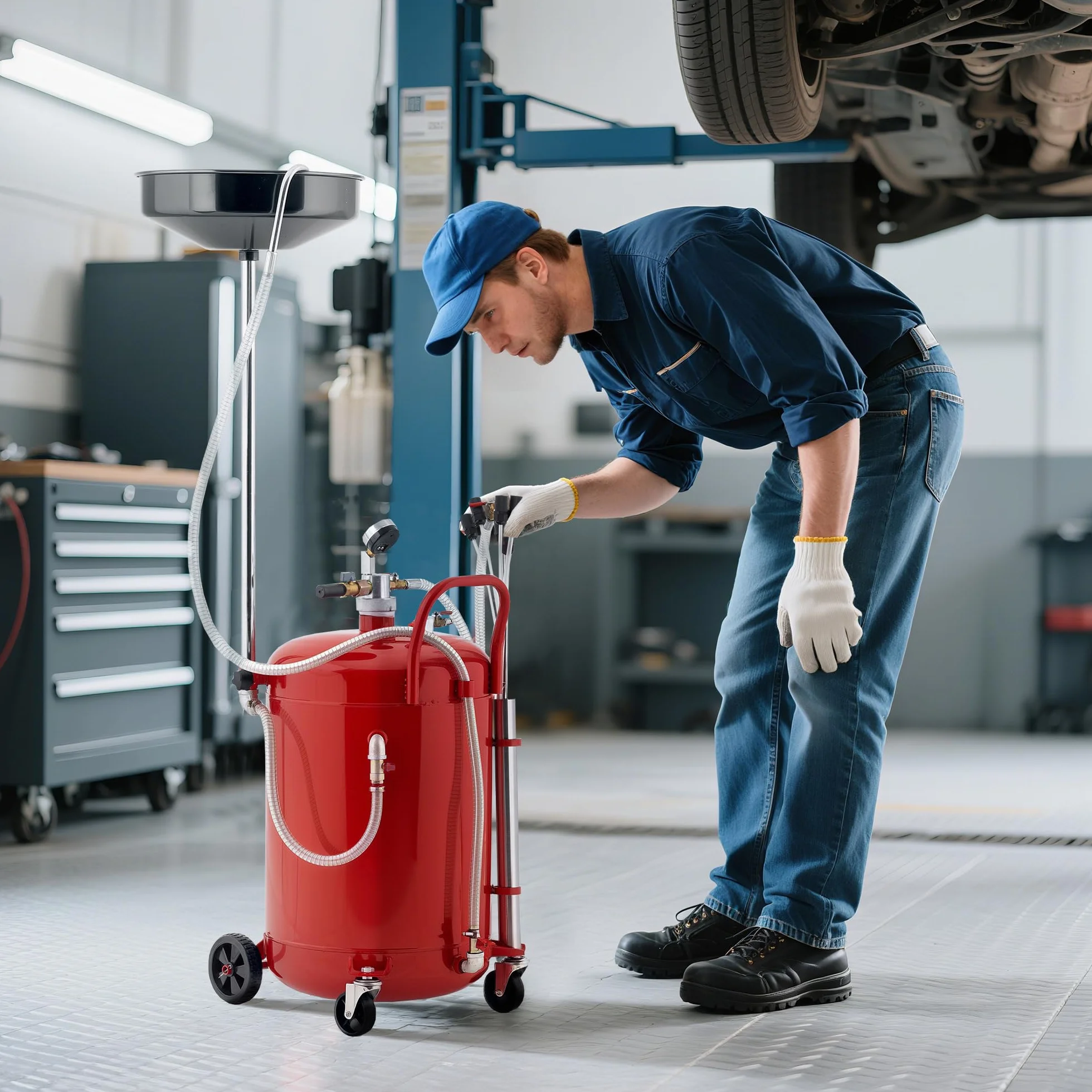 HOMCOM Carrello per svuotamento e recupero di olio usato 80 L, Altezza regolabile 101-141 cm, Carrello portaolio portatile con ruote e maniglia, Rosso