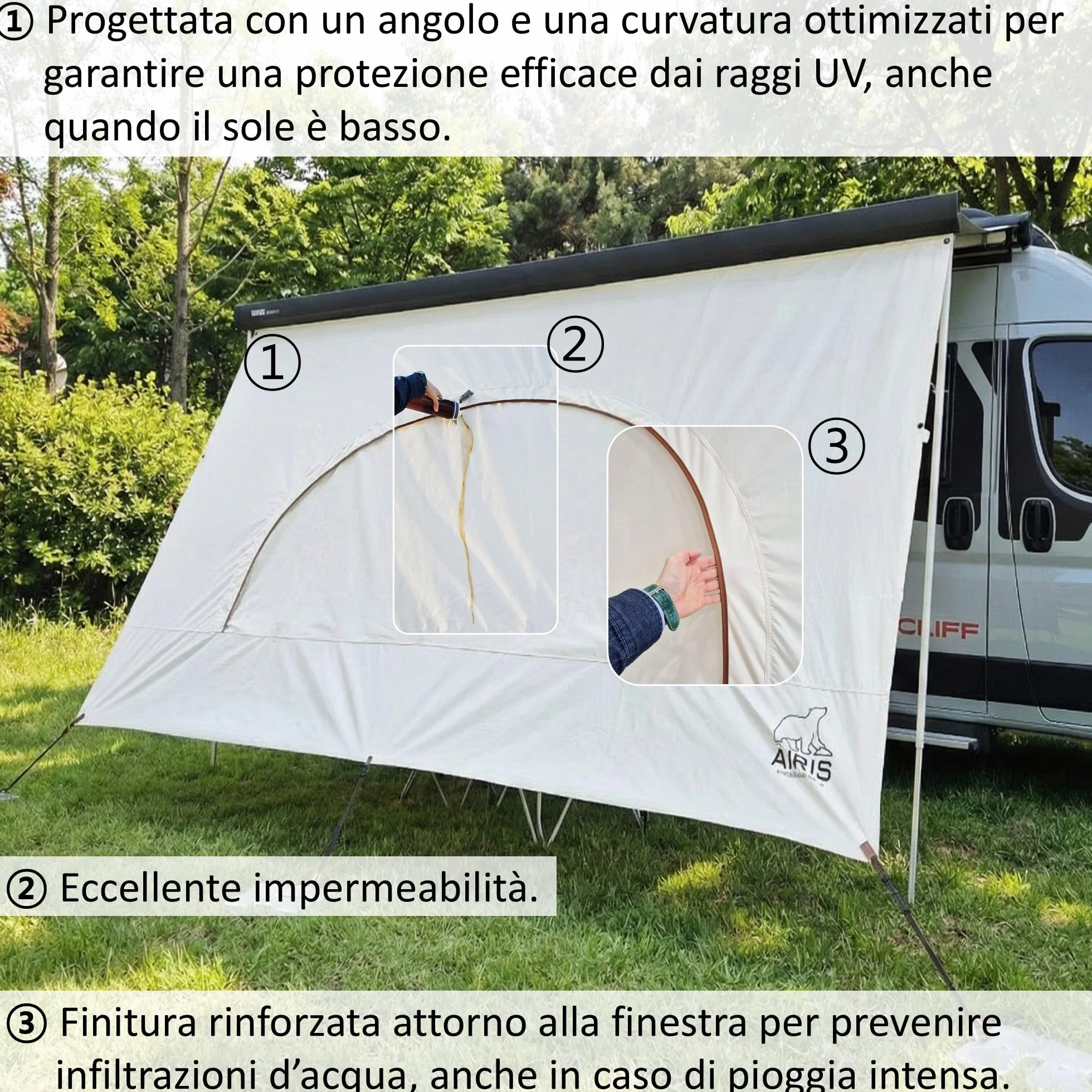 Fiamma F45 AIRIS Parete Anteriore Tenda da Sole Camper 390x190 cm Tessuto Misto Cotone Avorio Impermeabile Protezione UV
