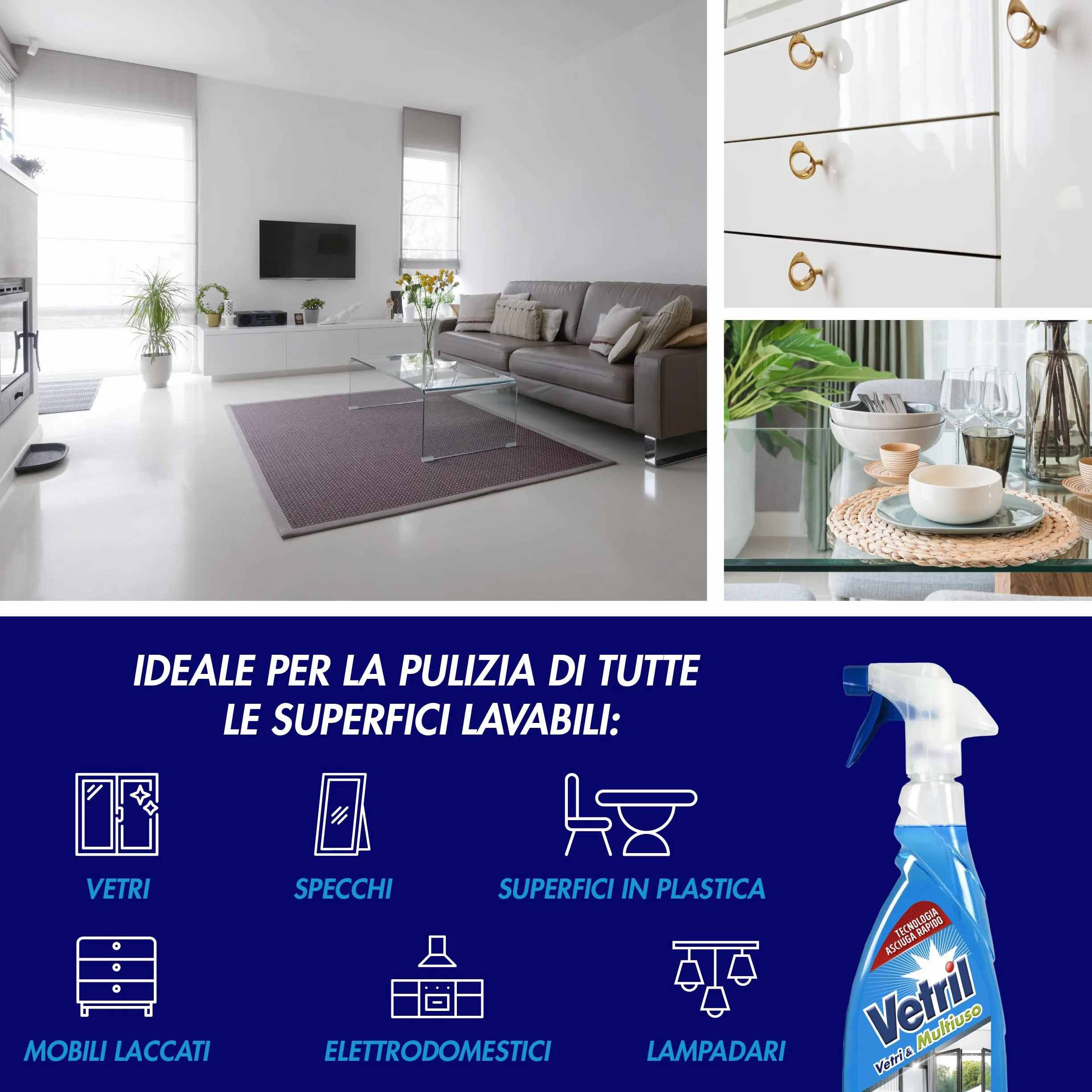 Vetril Detergente Spray Vetri e Superfici con Ammoniaca 650 ml x 4