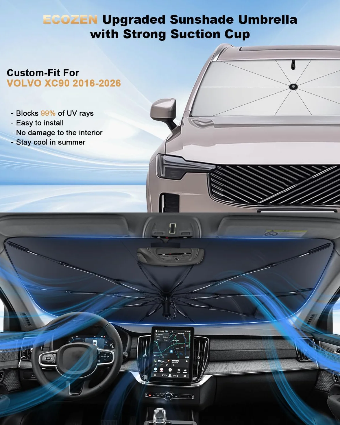ECOZEN Parasole Auto Volvo XC90 2016-2026 Copriparabrezza Schermo Raggi UV Pieghevole