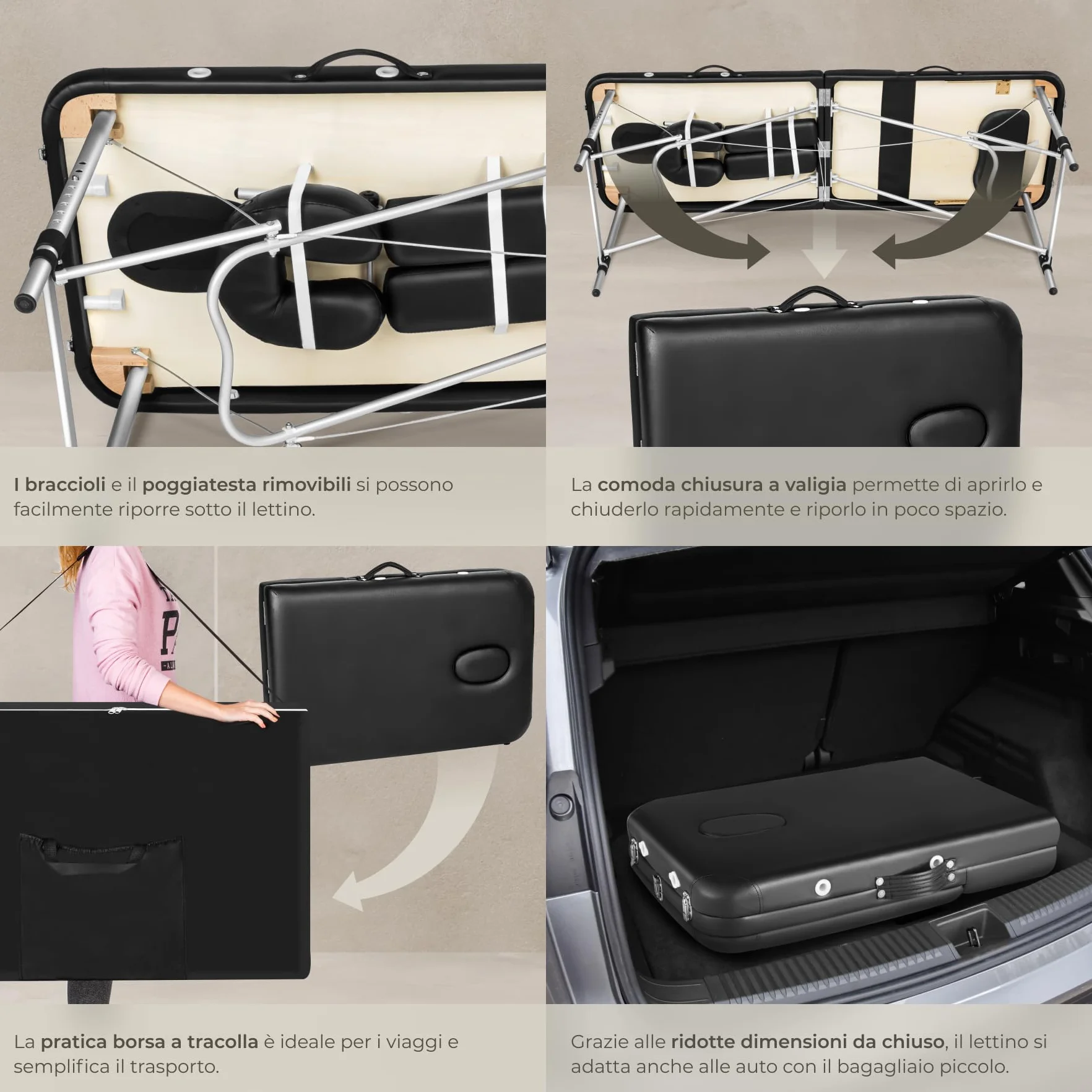 tectake Lettino Massaggio Portatile Pieghevole 3 Zone Professionale con Borsa Trasporto 61 cm Nero