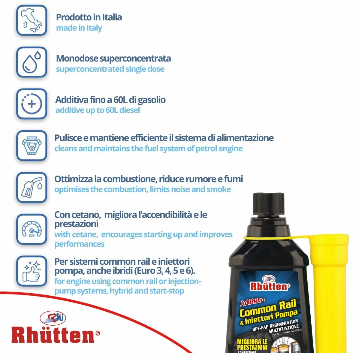 Additivo Common Rail e Iniettori Pompa, DPF FAP Regeneration, Monodose Superconcentrata, Trattamento Con Cetano, 150ml