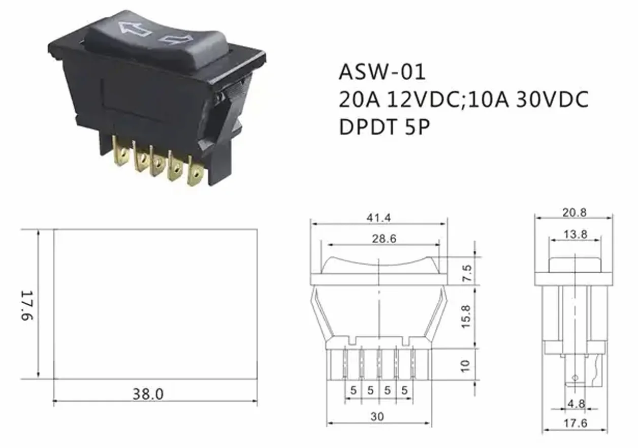 ASW-01 - Interruttore a bilanciere universale per alzacristalli elettrici, 12 V/20 A, 5 poli,