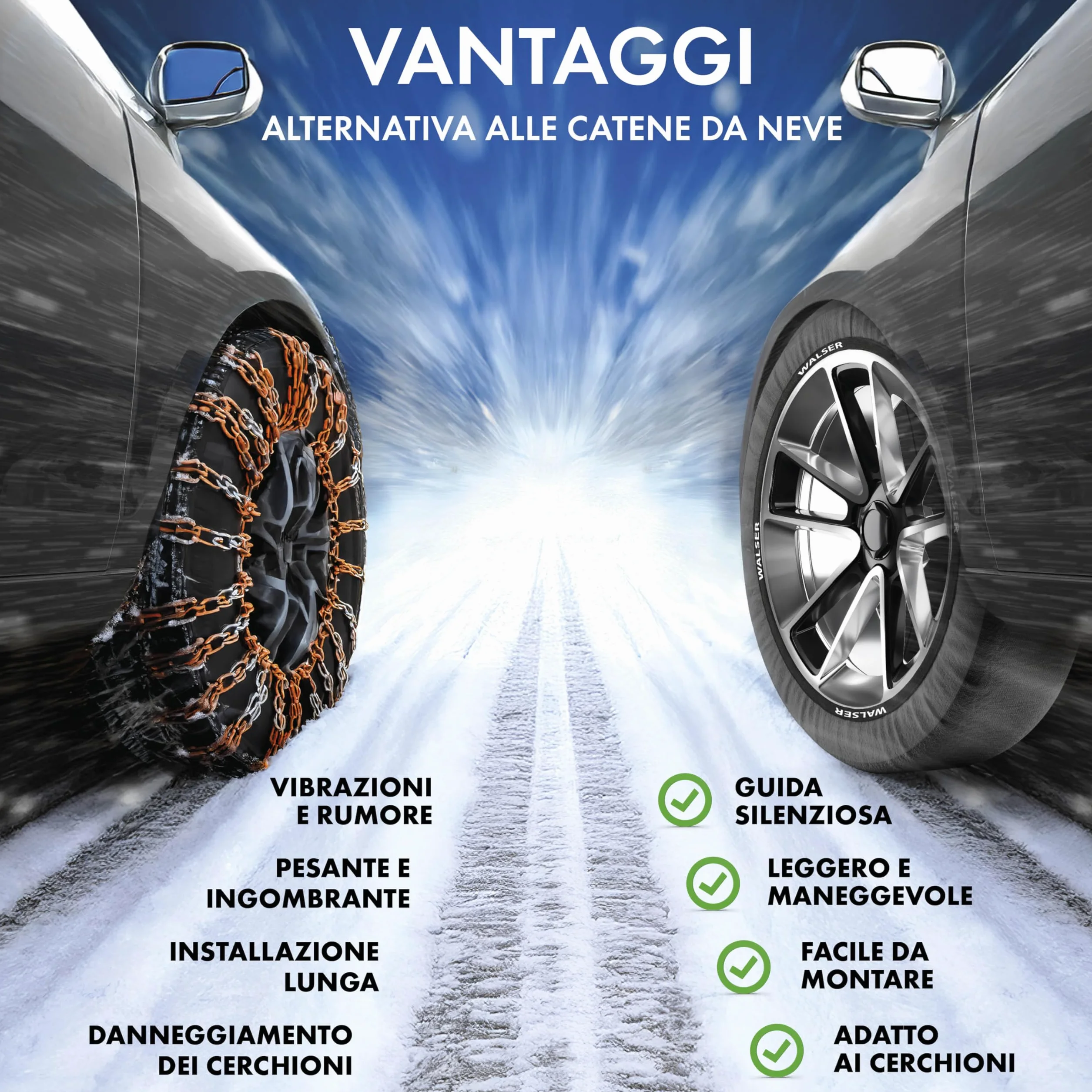 WALSER Premium Calze da Neve Omologate Italia EN 16662-1, Set di 2 Catene Invernali per Auto Grigio/Nero, Snow Sock R13-R22 XL