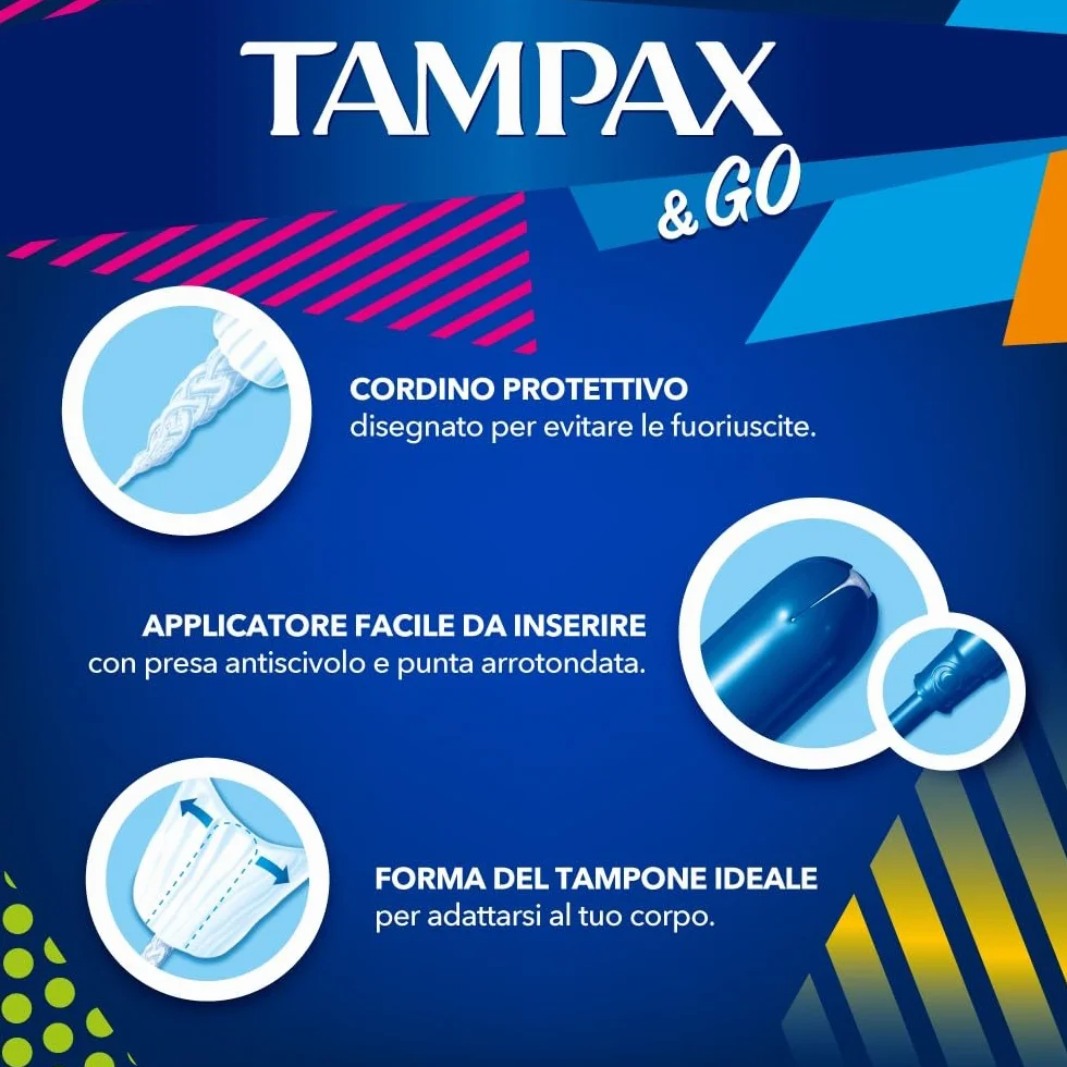Tampax & Go Super Plus 18 Assorbenti Interni con Applicatore in Plastica, Presa Antiscivolo, Doppio Cordino Protettivo