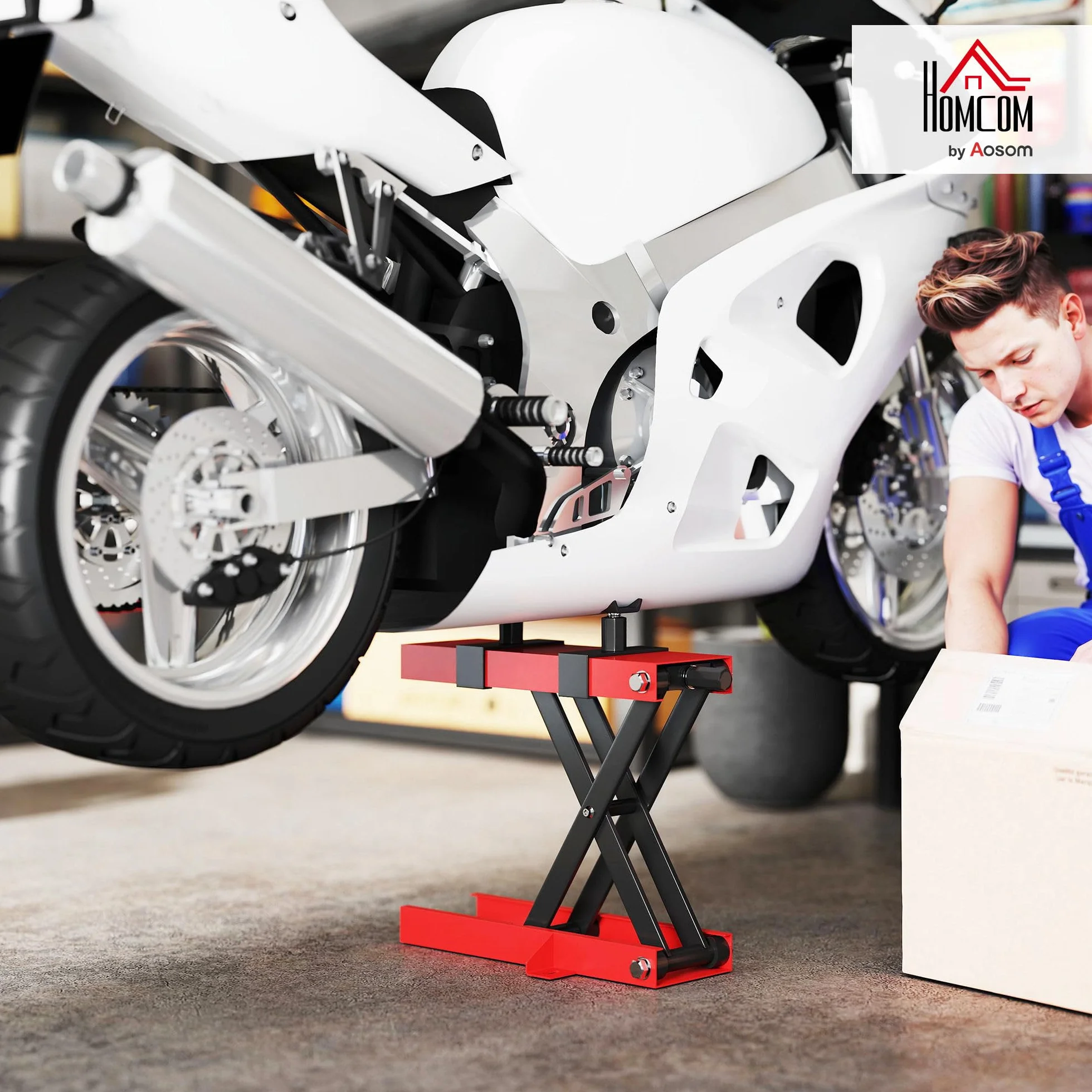 HOMCOM Sollevatore Moto in Acciaio Max 500kg, Cavalletto Alzamoto Pieghevole con Altezza Regolabile 9.5-40 cm e Manovella, Piattaforma da 45x15 cm, Rosso