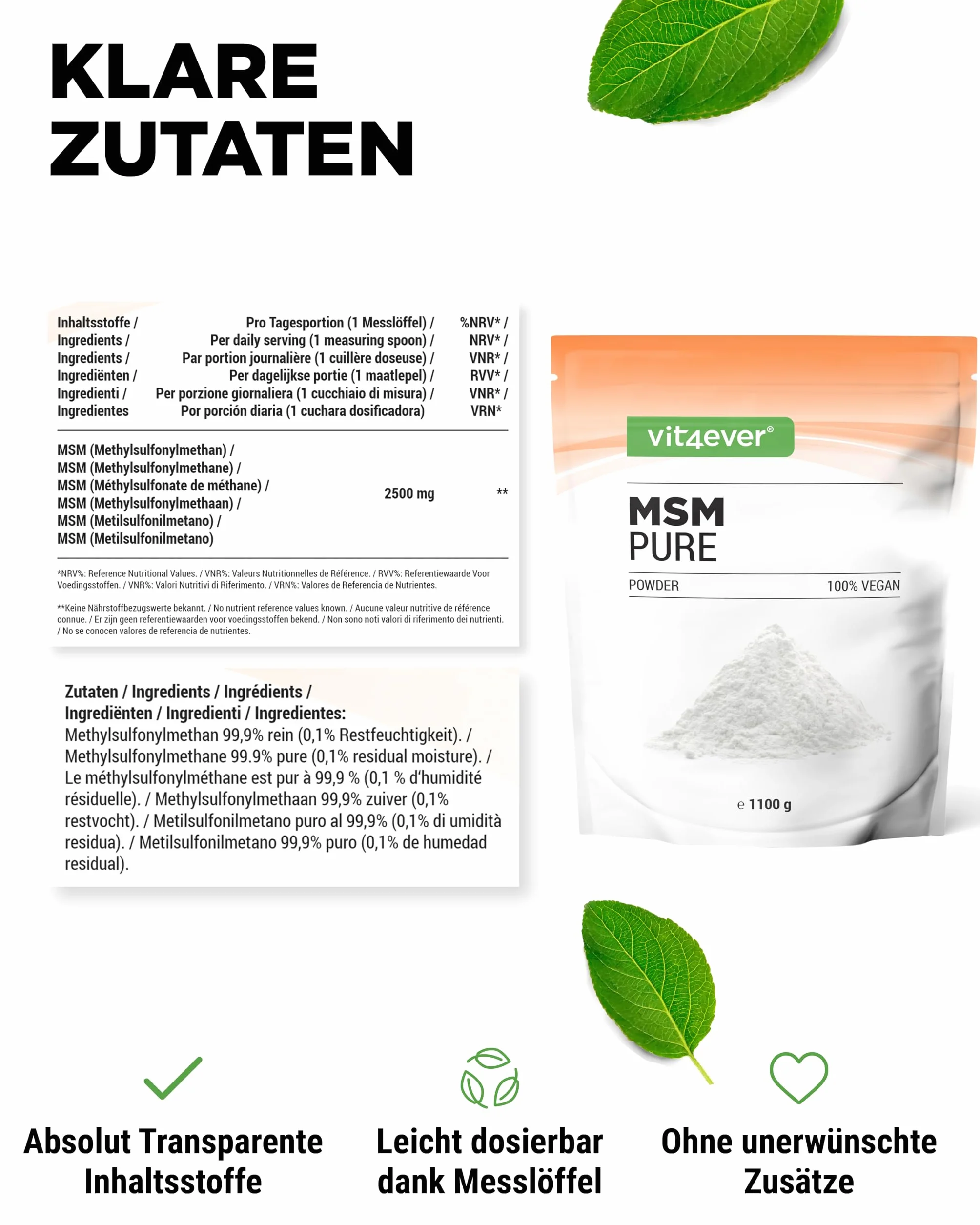 MSM in polvere 1,1 kg (1100g) Metilsulfonilmetano cristallino puro al 99,9% Zolfo organico Vegano