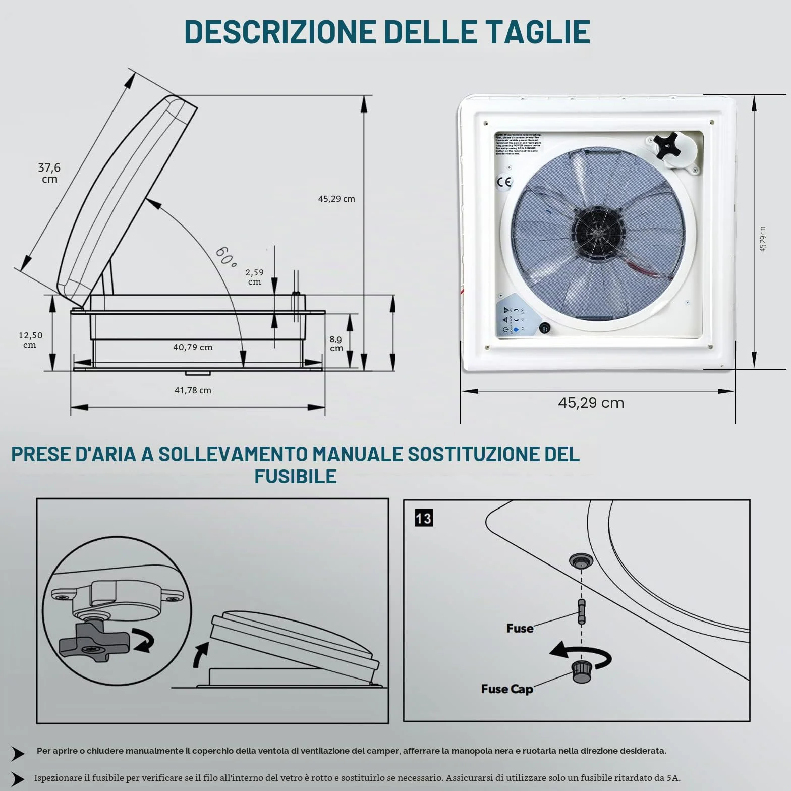 Ventilatore da Tetto per Camper 12 V Reversibile Presa d'Aria Dual Mode Sfiato Roulotte Rimorchi