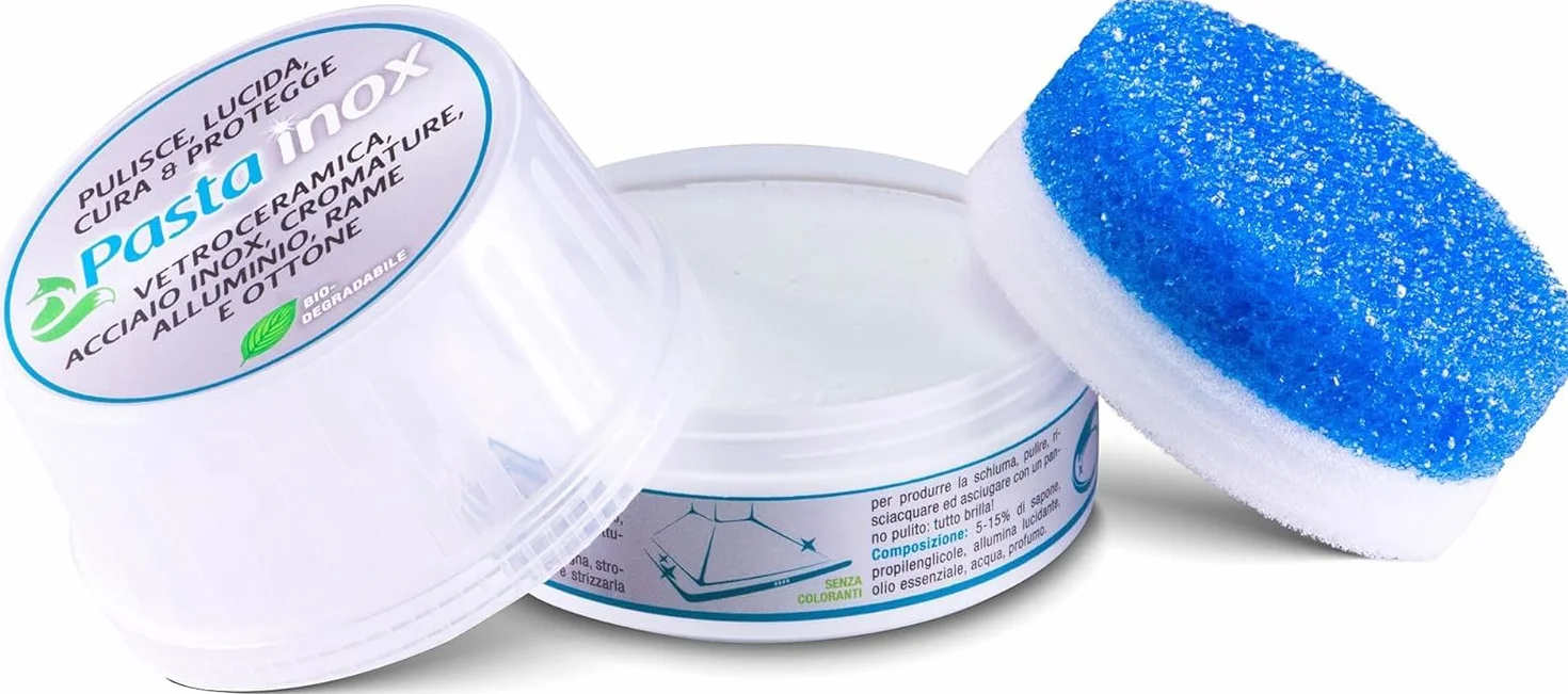 Detergente per Acciaio Inox 300g Pulisce Lucida Protegge Pentole Piani Cottura