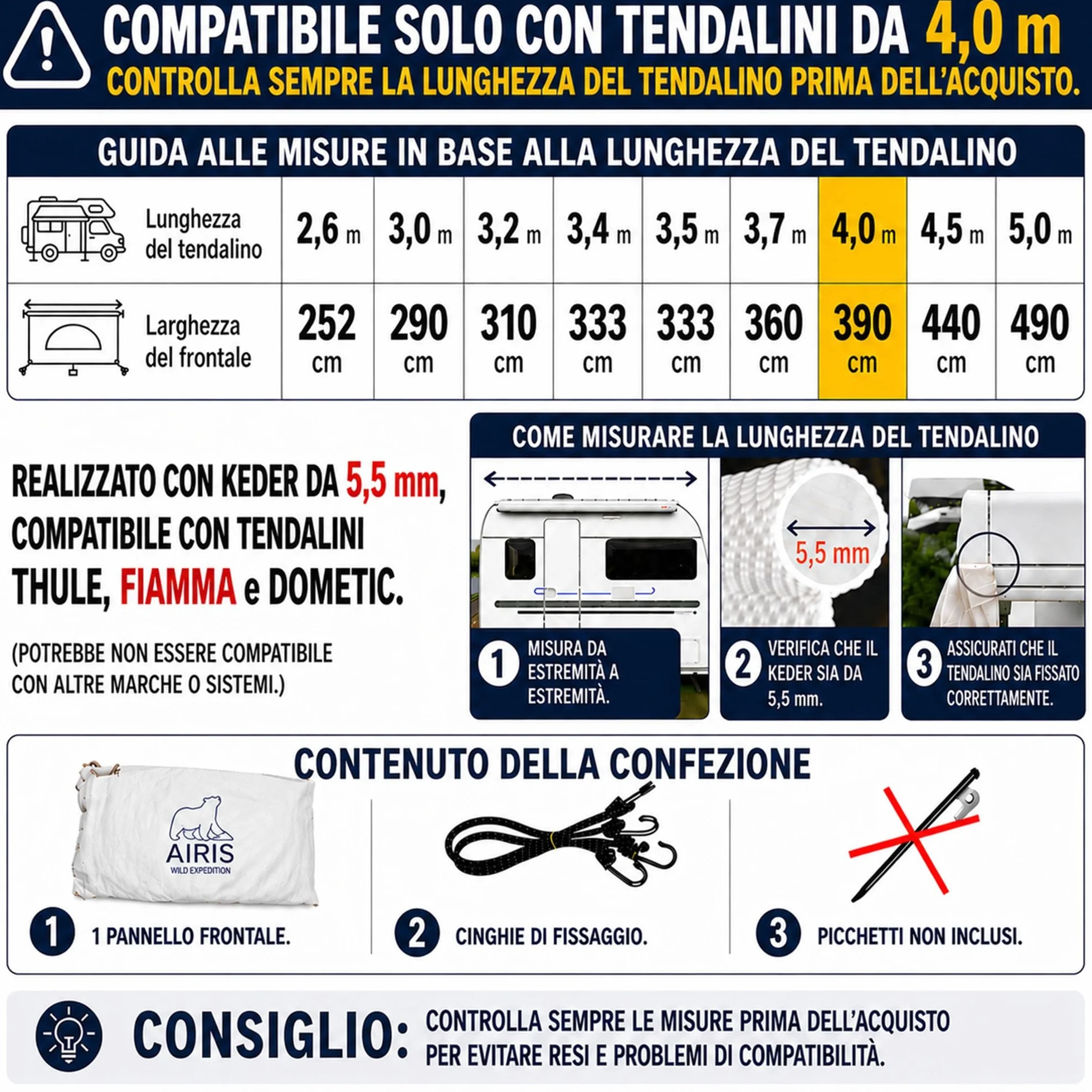 Fiamma F45 AIRIS Parete Anteriore Tenda da Sole Camper 390x190 cm Tessuto Misto Cotone Avorio Impermeabile Protezione UV