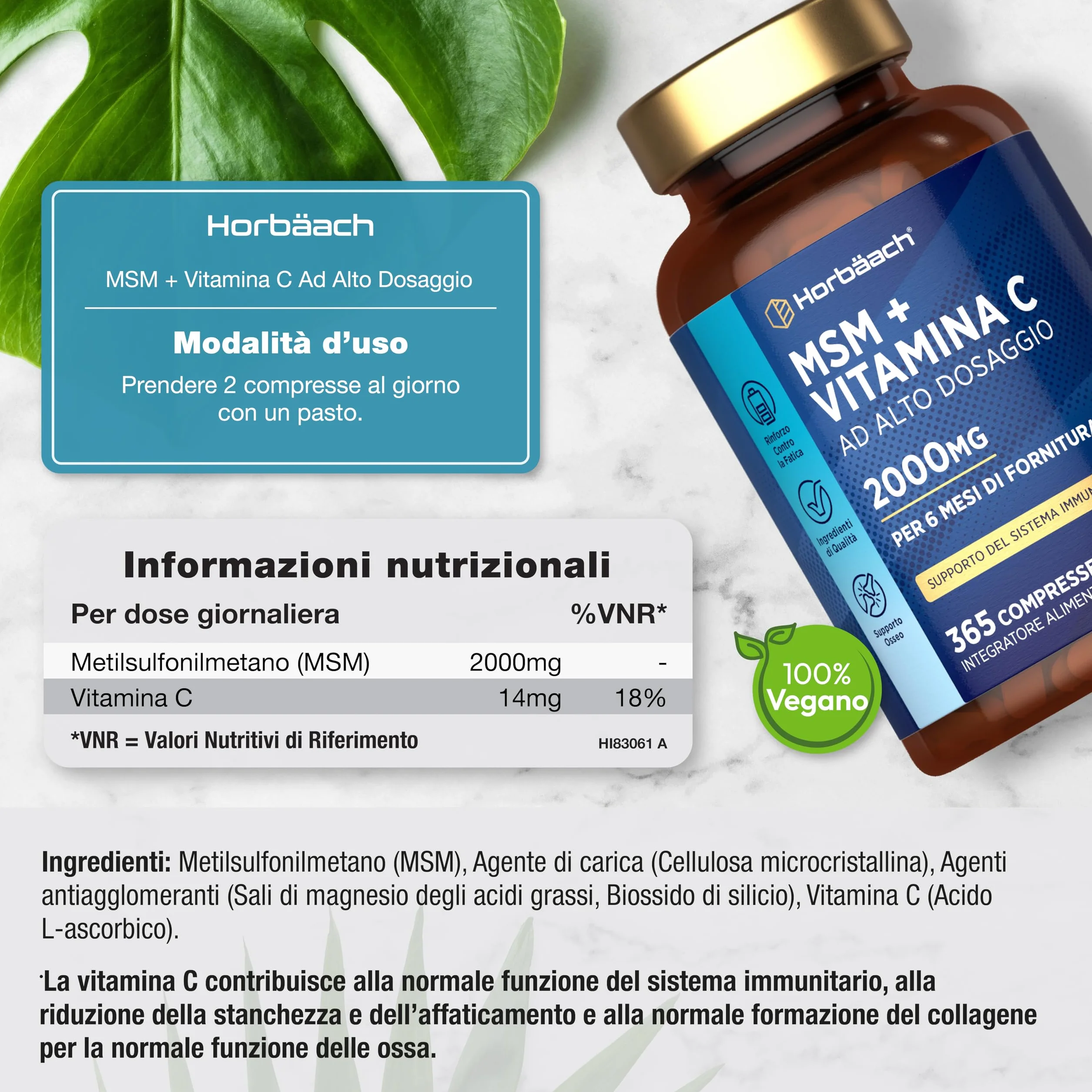 Horbaach MSM 2000mg con Vitamina C 365 Compresse Vegane Metilsulfonilmetano Acido Ascorbico Alto Dosaggio