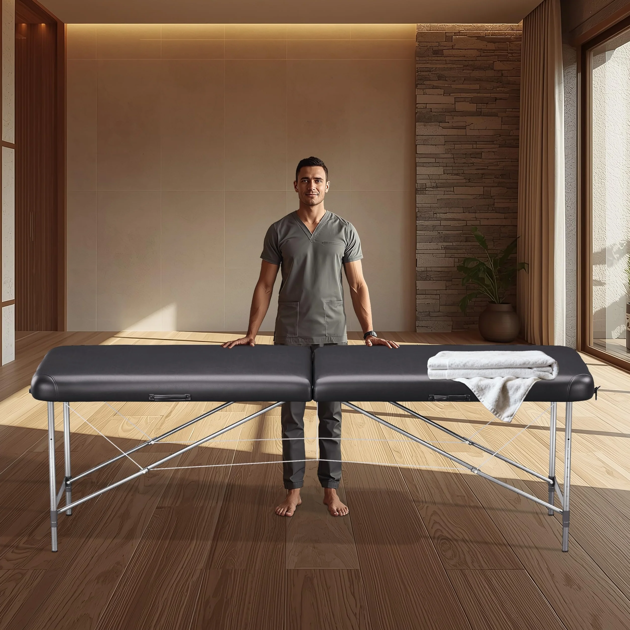 Beltom Lettino da Massaggio 2 Zone in Alluminio 185x60 cm Portatile 11 kg Nero