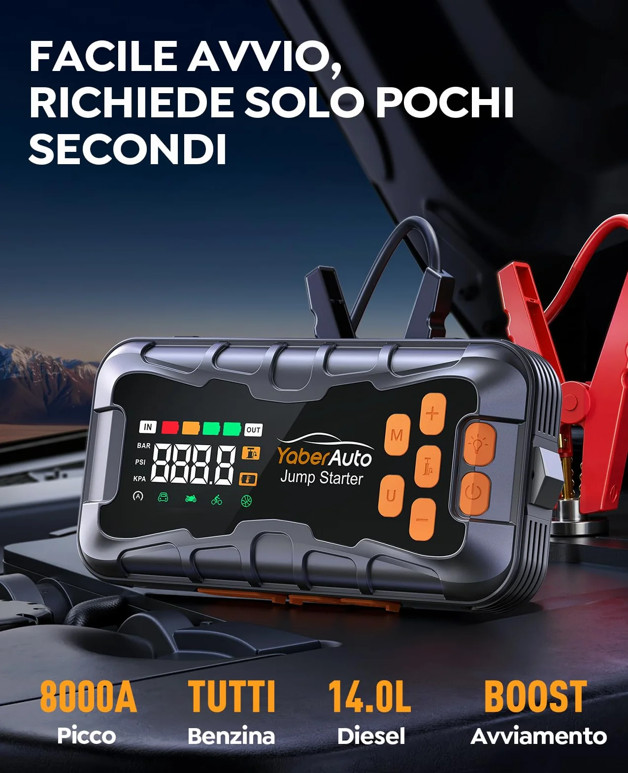 16-In-1 Avviatore Batteria Auto con Compressore 160PSI 8000A 27000mAh, Tutto Gas/14.0L Diesel Avviatore Emergenza per Auto/Moto 12V, YaberAuto Booster Avviamento Portatile Starter Batteria
