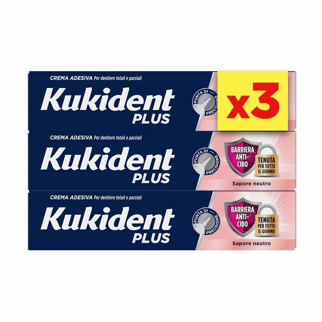 Kukident Plus Barriera Anti-cibo Crema Adesiva per Protesi Dentali 3x35g