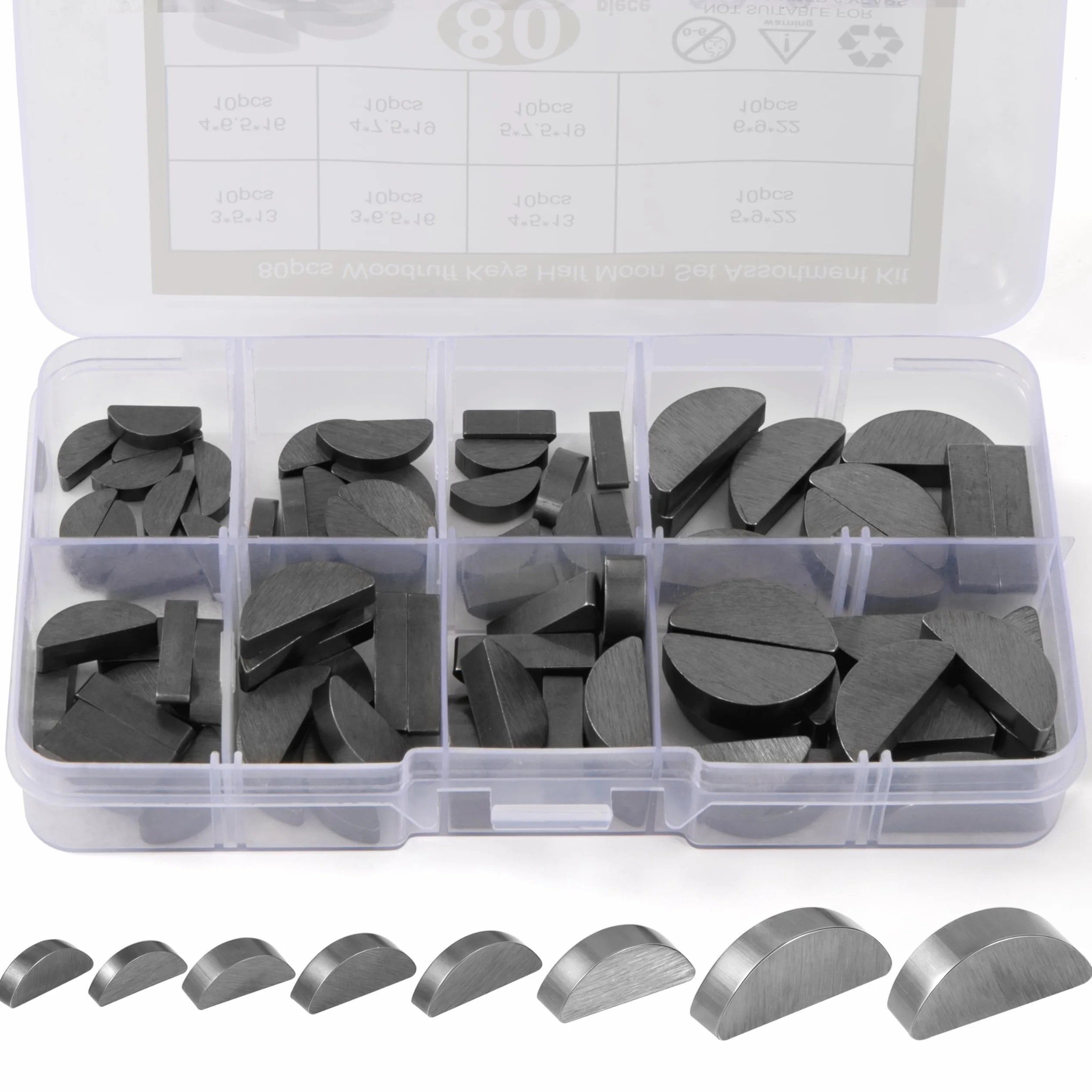 80 Pezzi Assortimento Chiavette Elastiche, Set di Chiavette a Mezzaluna 3 4 5 6 mm, Kit Assortimento Puleggia Volano Albero Motore, con Scatola per Molteplici Usi, Buona Durata
