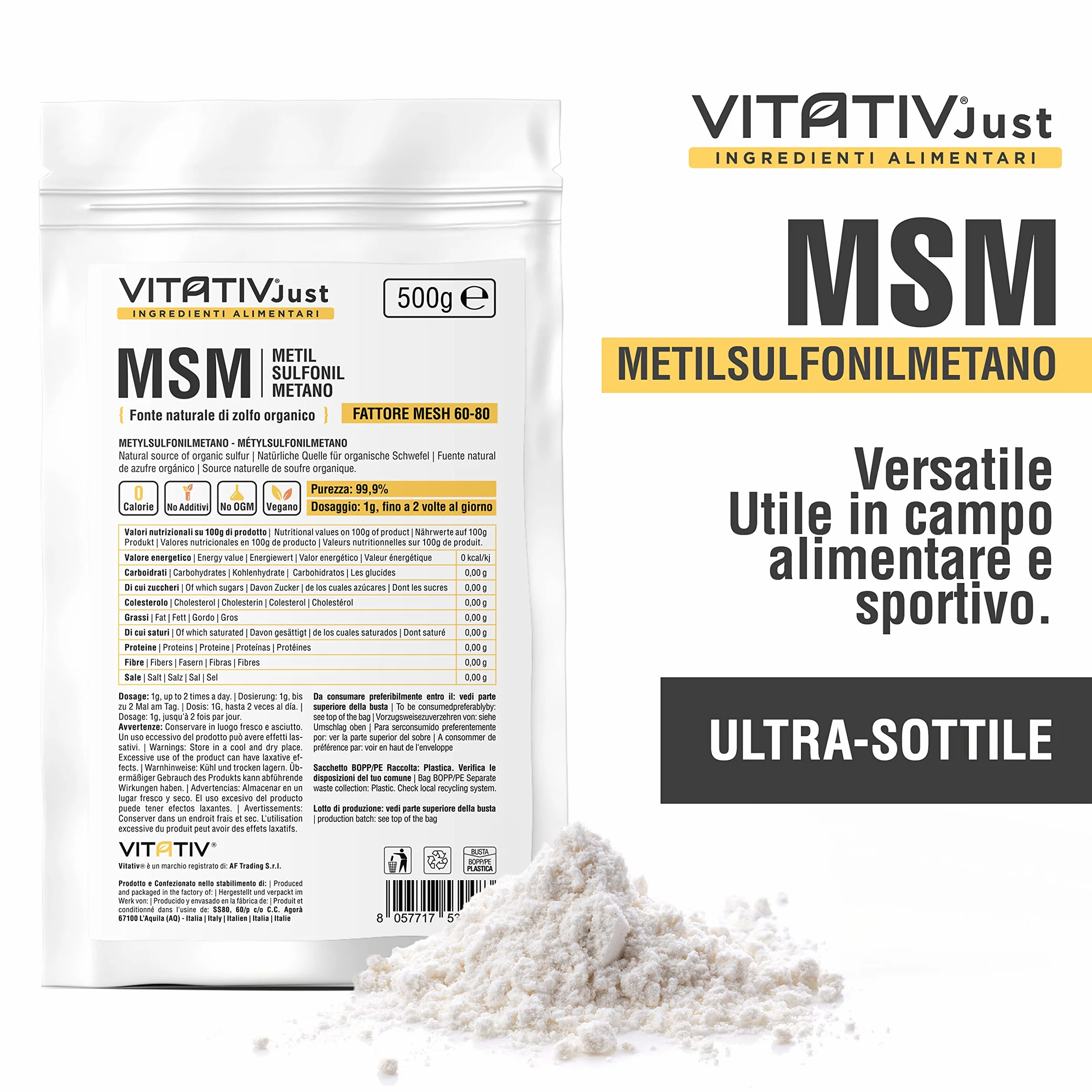 MSM Metilsulfonilmetano In Polvere Puro 99,9% Fattore Mesh 60-80 Zolfo Organico 500gr