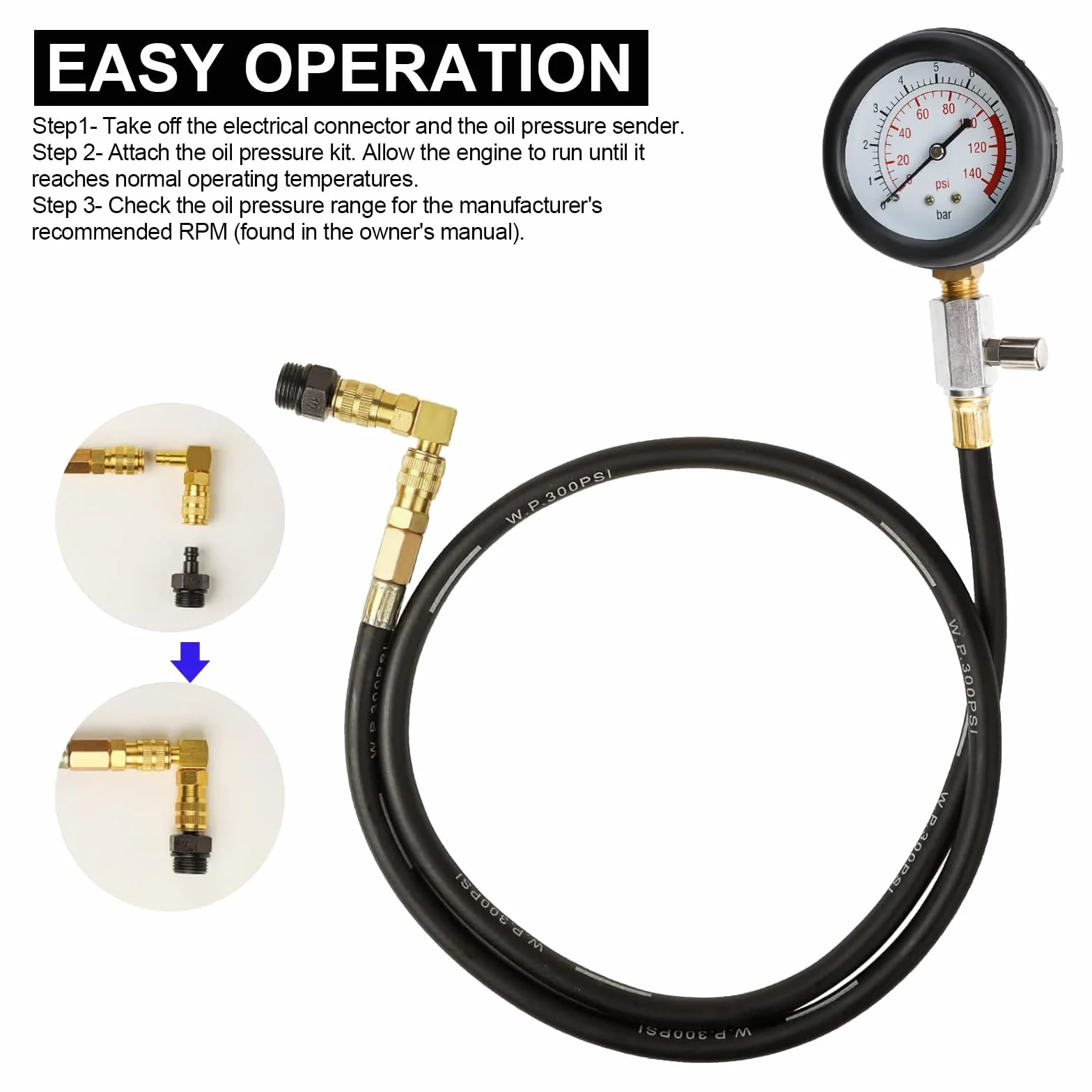 FreeTec Tester Pressione Olio, 0-140 PSI Manometro Pressione Olio Motore, Kit Misurazione Pressioni Oli, Attrezzo Prova Pressioni Oli Auto con Tubo e Adattatori per VW BMW Opel Ford Fiat (Blu)