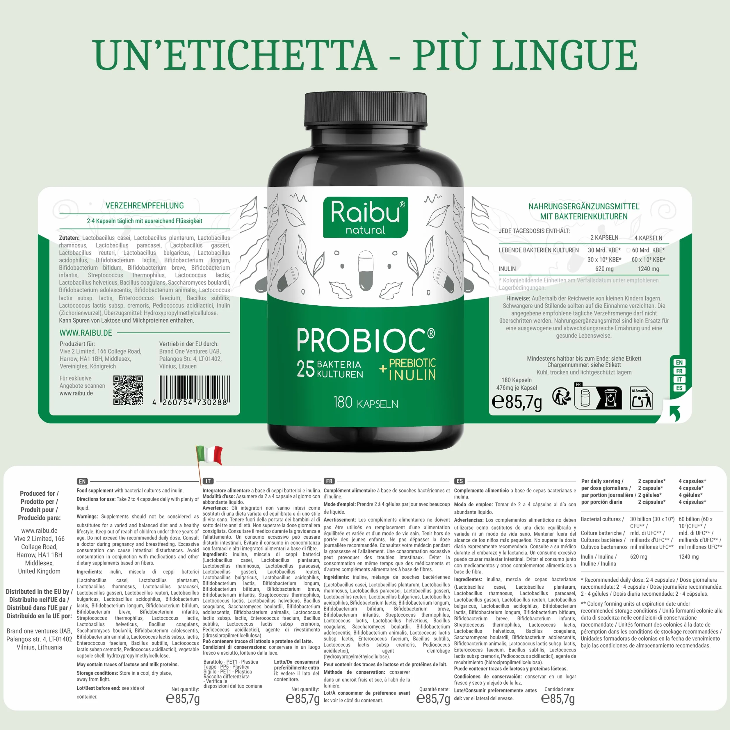 Probiotici Fermenti Lattici 180 Capsule 25 Ceppi 60 Miliardi UFC Inulina Resistenti Succhi Gastrici Alta Dosaggio Lactobacillus Bifidobatteri Raibu