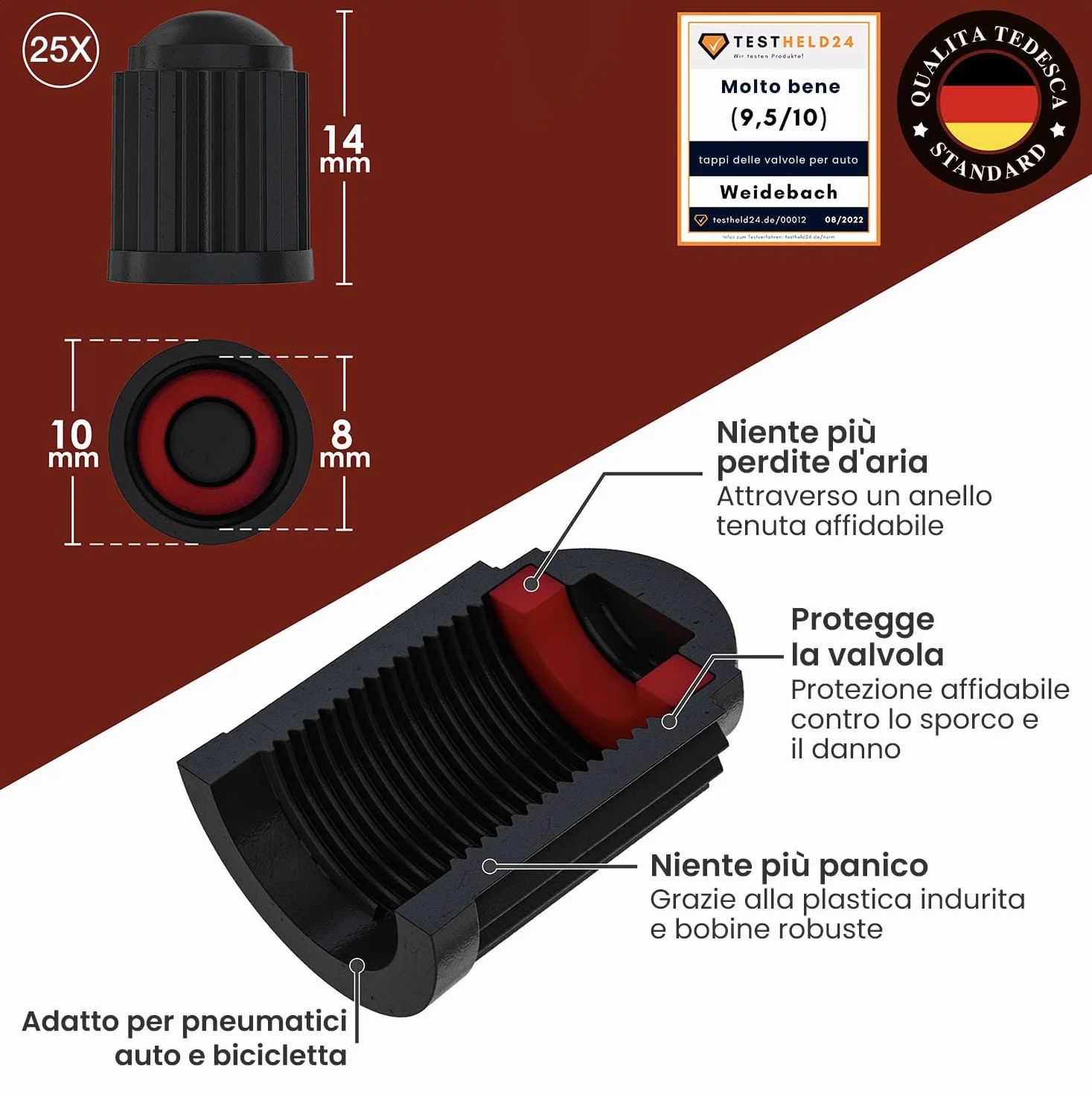 WEIDEBACH® Tappini gomme auto 25 pezzi tappi valvole pneumatici cappuccio valvola bici