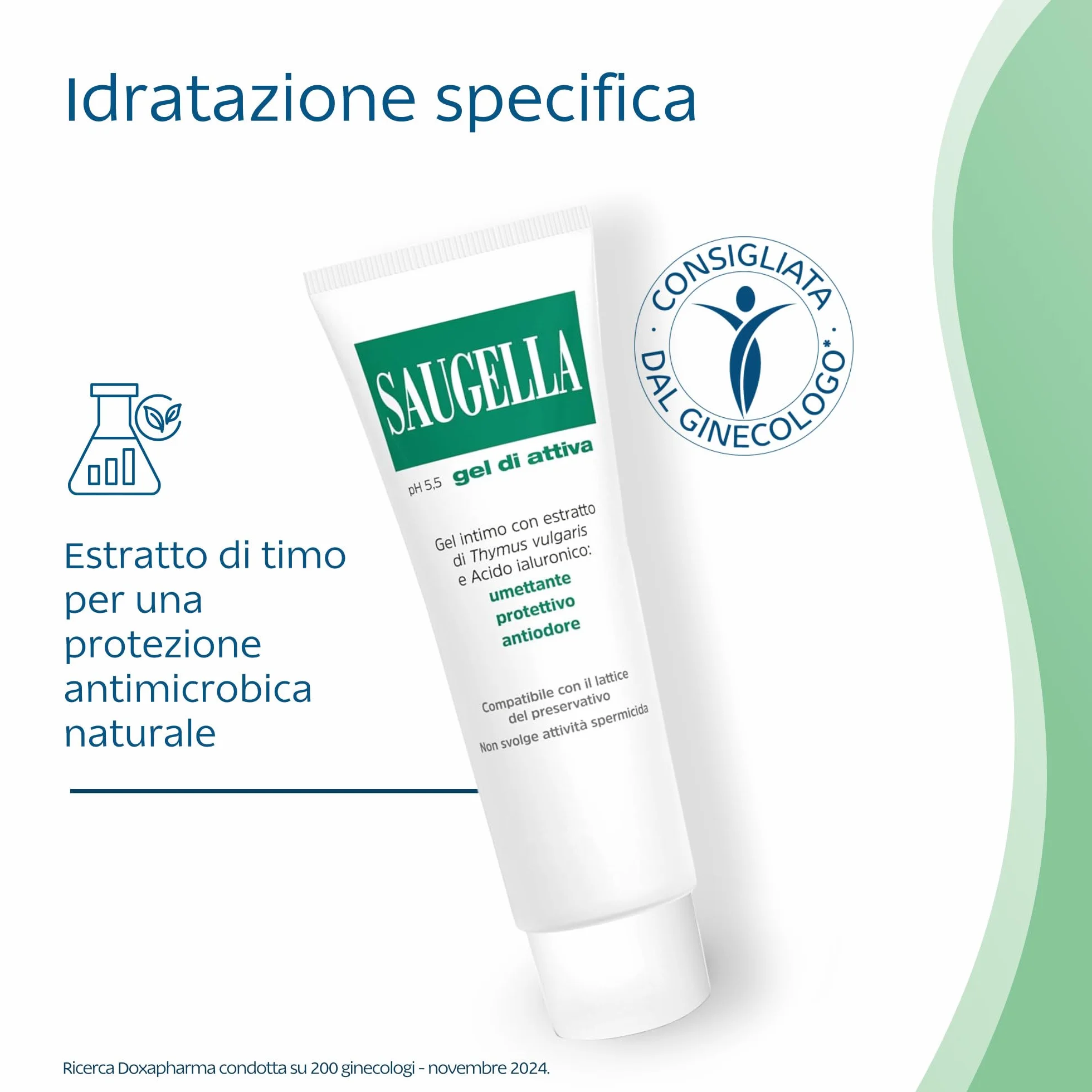 Saugella Attiva Gel Umettante e Protettivo pH 5.5 con Acido Ialuronico e Timo 30 ml