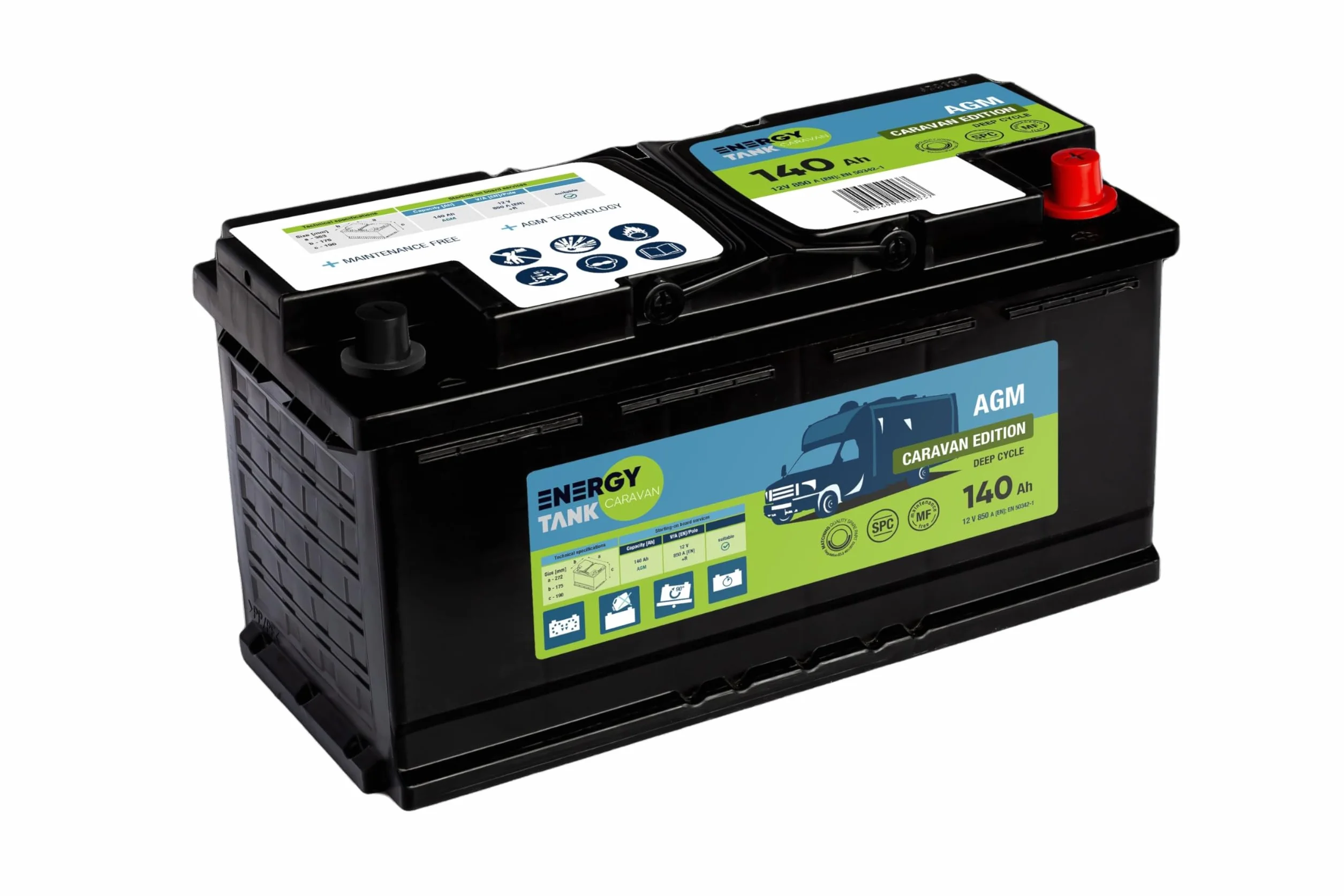 EnergyTank Batteria AGM a Scarica Lenta 12 V 140Ah per Camper, Barca e Servizi - Anti-vibrazioni - Senza Manutenzione
