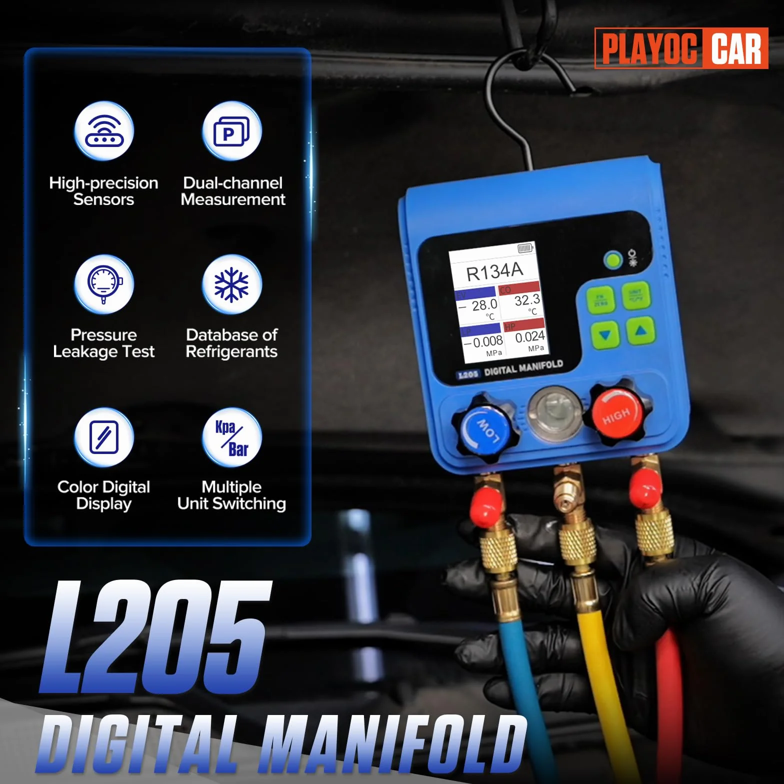 PLAYOCCAR HVAC Indicatori 92 tipi di kit di manometri digitali del refrigerante con TFT LCD, doppio test di pressione,Kit di ricarica del refrigerante Manometro per aria condizionata sottovuoto