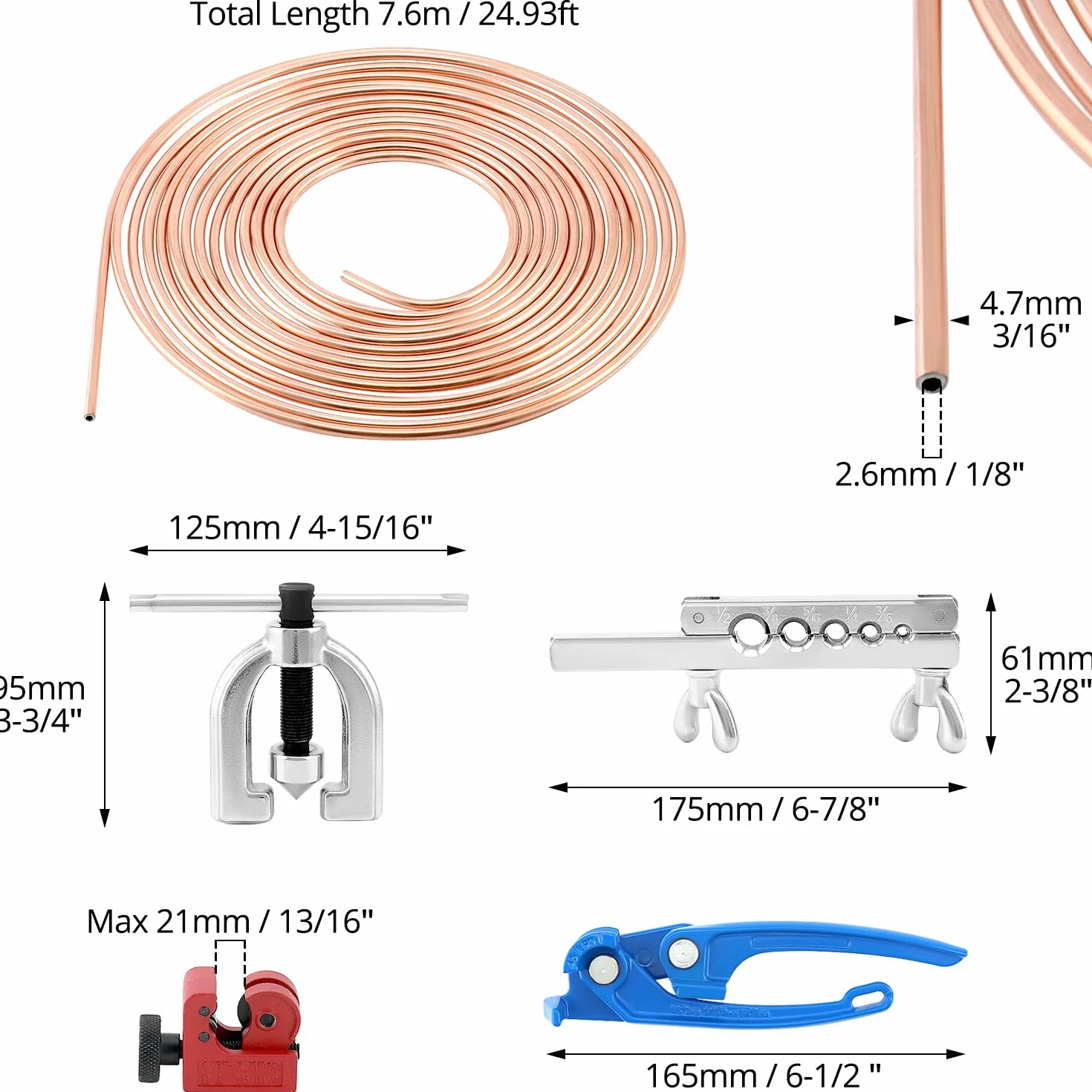 QWORK Kit Svasatura Tubi Freno Rame 7.62m Adattatore Multi-Dimensione Piegatubi Blu