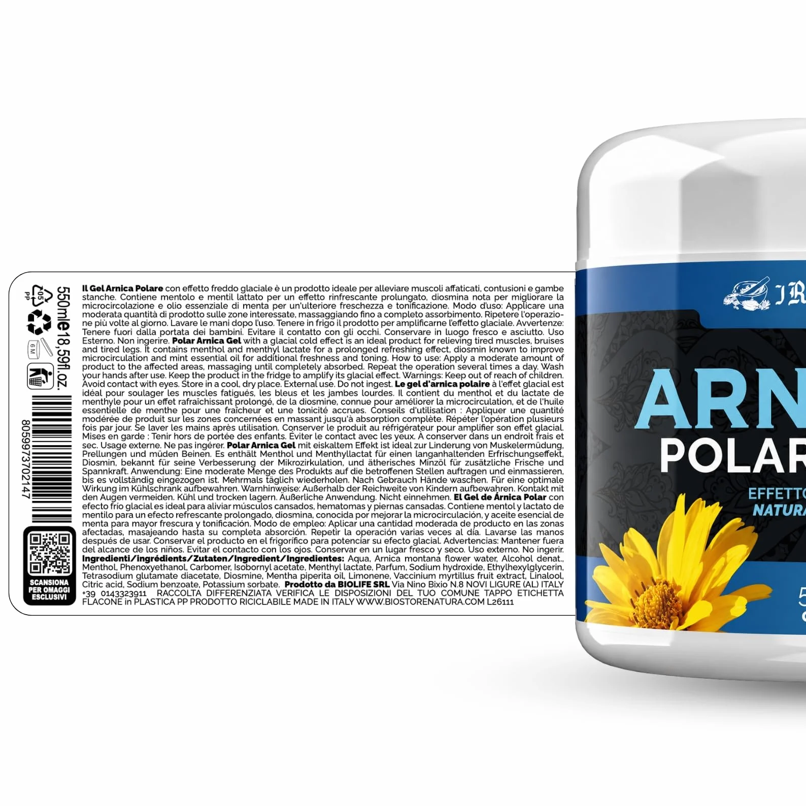 Gel Arnica Effetto Freddo Glaciale 550ml Gambe Effetto Ghiaccio con Mentolo Mirtillo Diosmina Menta Sollievo Muscoli Affaticati Made In Italy
