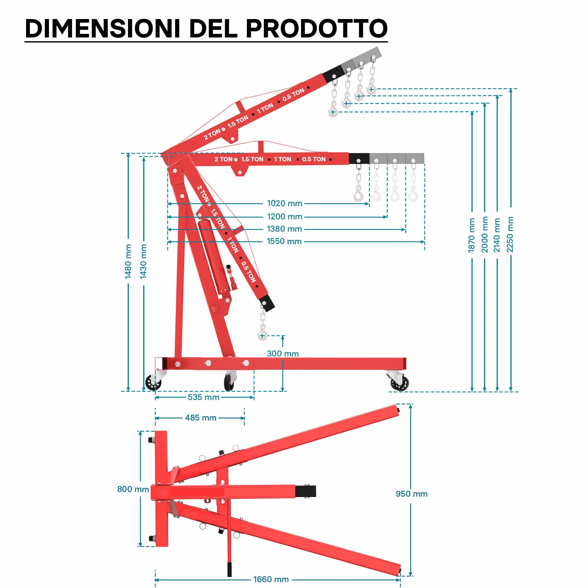 Wiltec gruetta idraulica da officina 2000kg, gru manuale pieghevole con doppia pompa