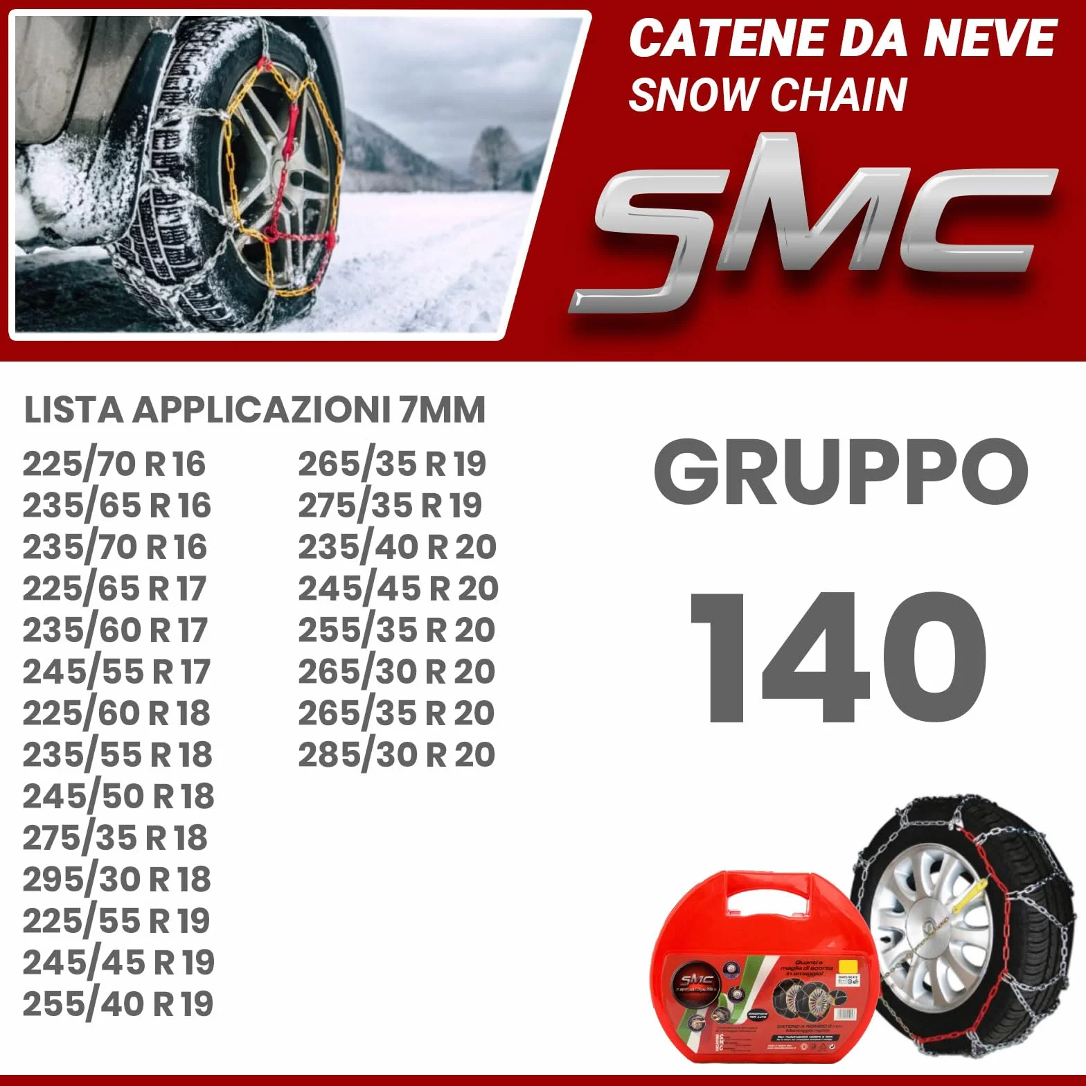 SMC Catene da Neve OMOLOGATE O-Norm TUV 7mm per Pneumatici GOMME 225/60 R 18