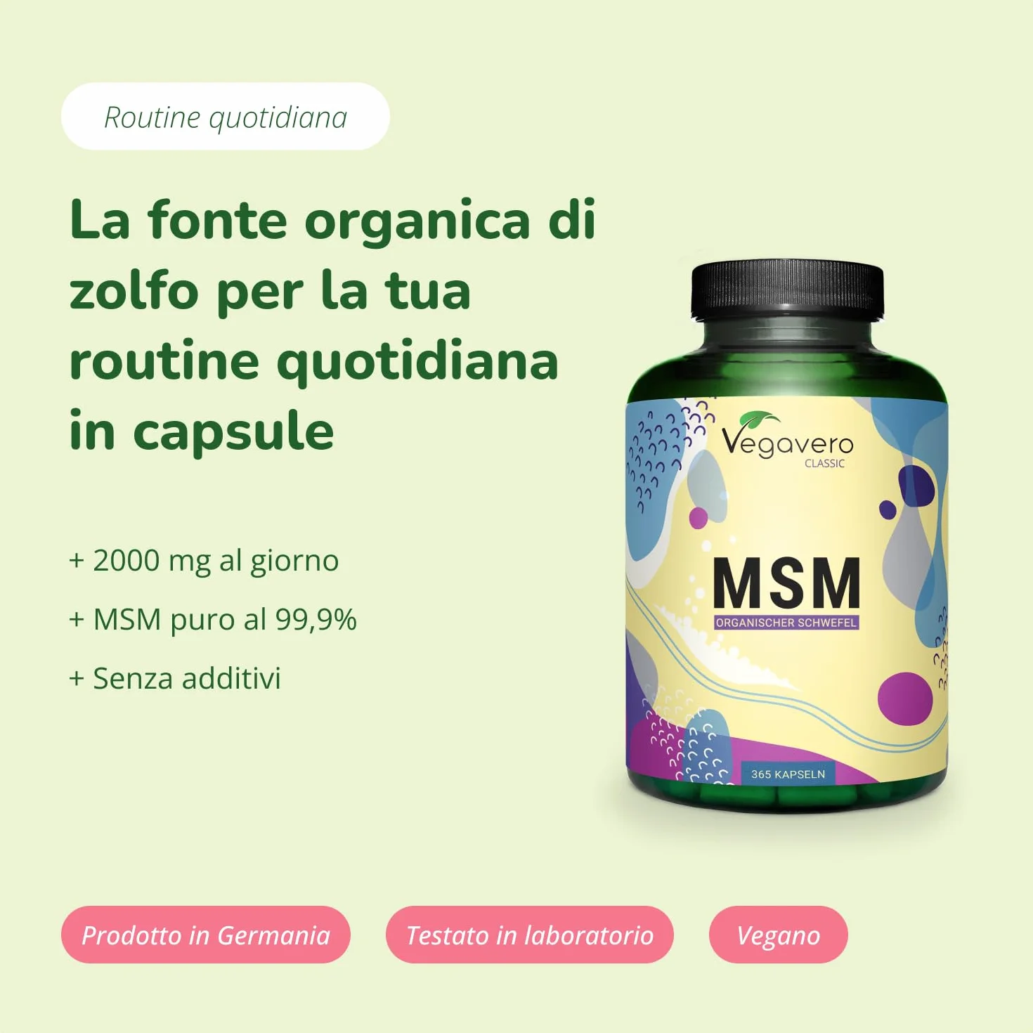 Vegavero® MSM Integratore 2000 mg 365 capsule Zolfo Organico puro 99,9% Articolazioni Unghie Capelli Vegan