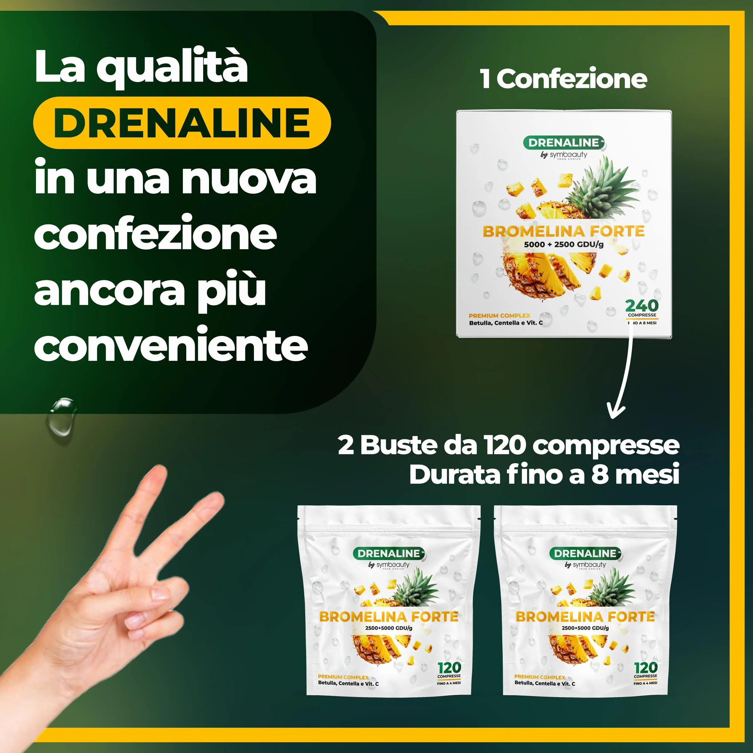 Symbeauty Bromelina Forte 240 Cpr Drenaline 2500+5000 GDU Betulla Centella Vitamina C Vegano Made in Italy
