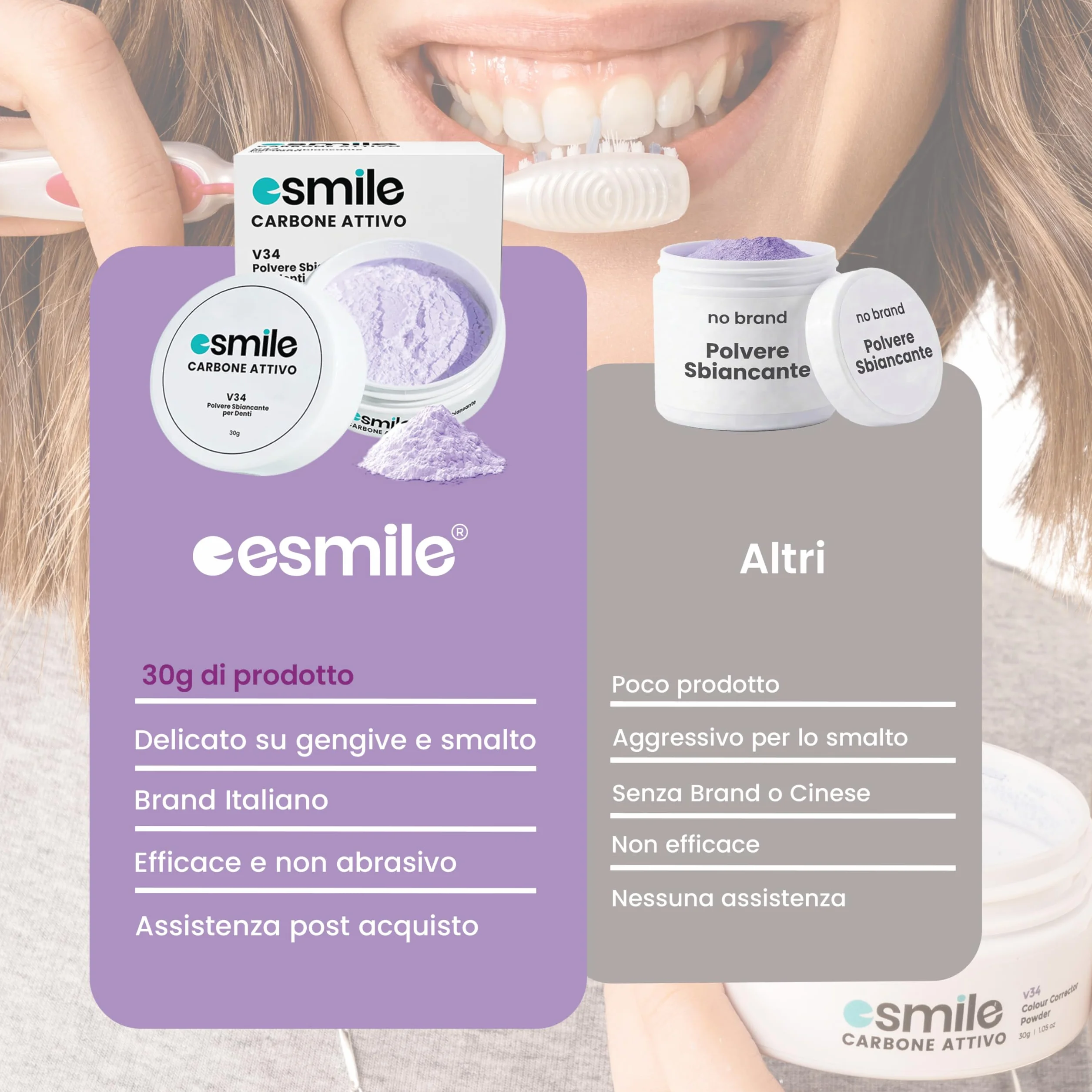 ESMILE Polvere Sbiancante Denti Immediato Carbone Attivo Naturale Menta Sbiancamento Professionale Pasta Denti Bianchi 30 gr