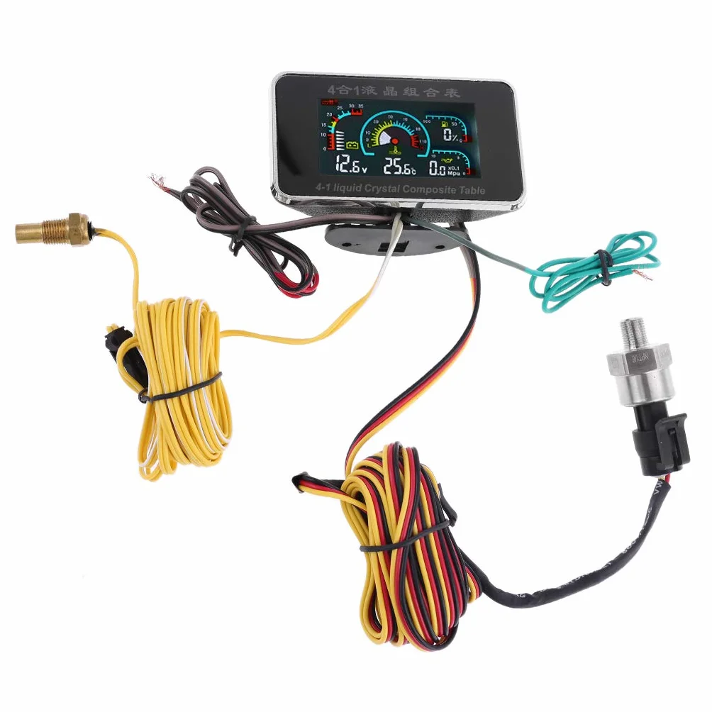 4 in 1 LCD Digital Alarm Voltmetro Pressione Olio Temperatura Acqua Carburante 12-24V