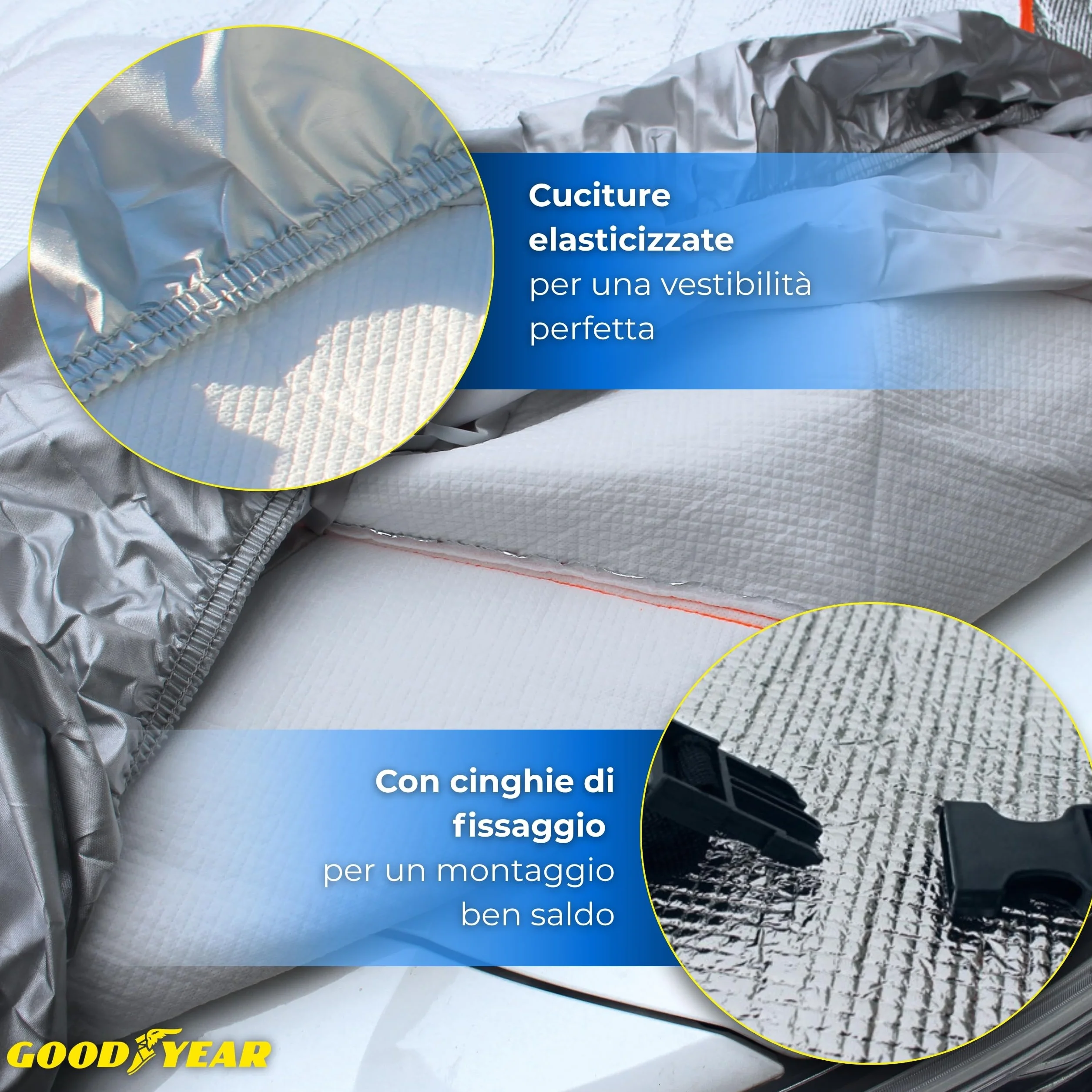 Goodyear Telo Antigrandine Auto Taglia M, Imbottitura 6mm Alta Protezione, Copriauto Esterno Impermeabile e Antigraffio, Tessuto Anti-UV, Cinghie Antivento, 440x165x119 cm, 4 Stagioni, Grigio/Nero