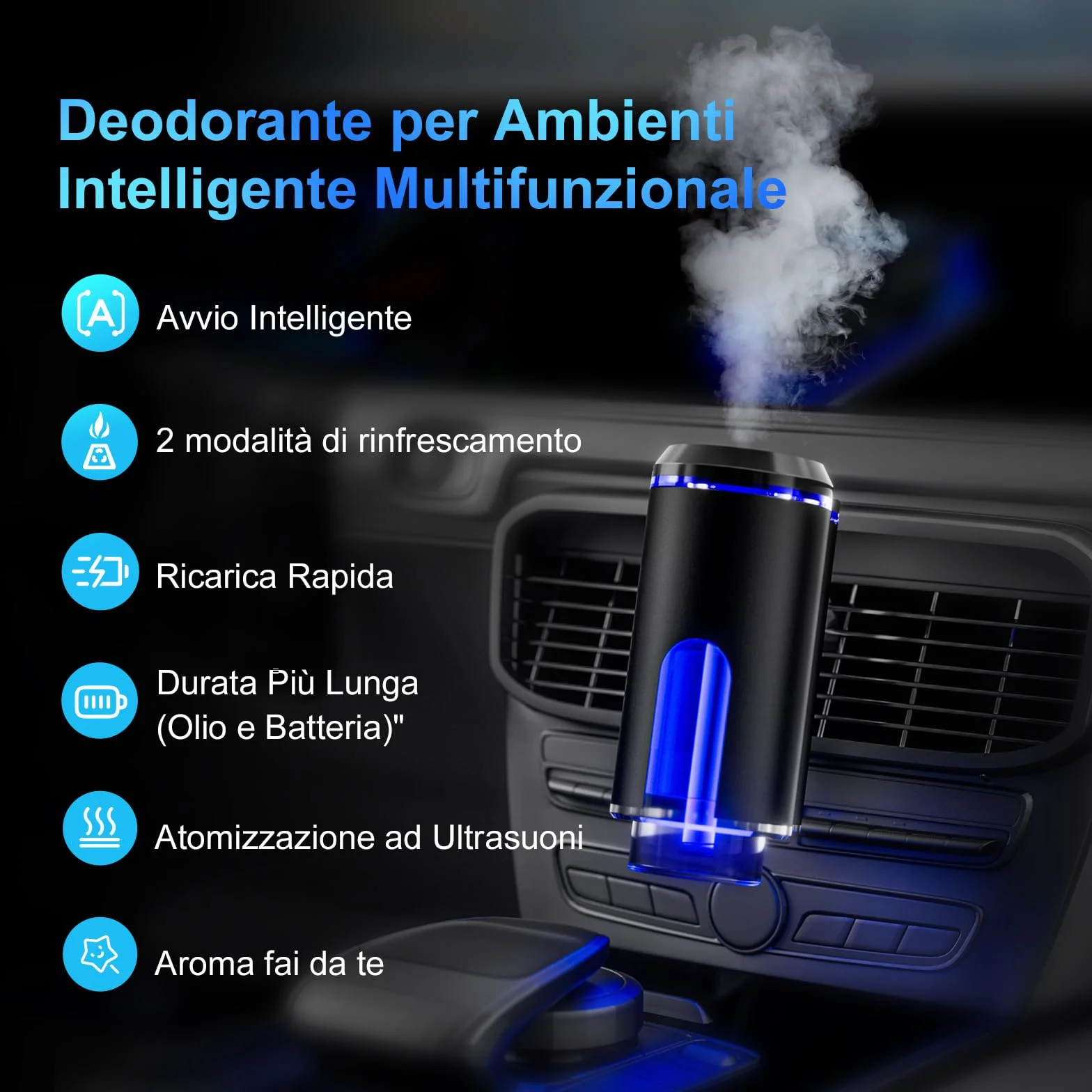 Profumatore Auto Ricaricabile 3 Oli Essenziali Deodorante Lunga Durata Diffusore Aromi Accensione Spegnimento Automatico
