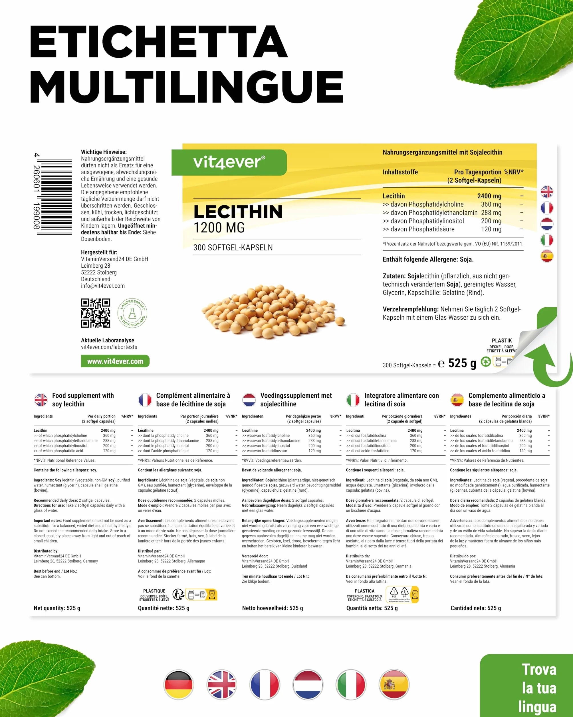 Lecitina 1200 mg 300 Capsule Morbide - Lecitina di Soia non OGM - Alta Dose