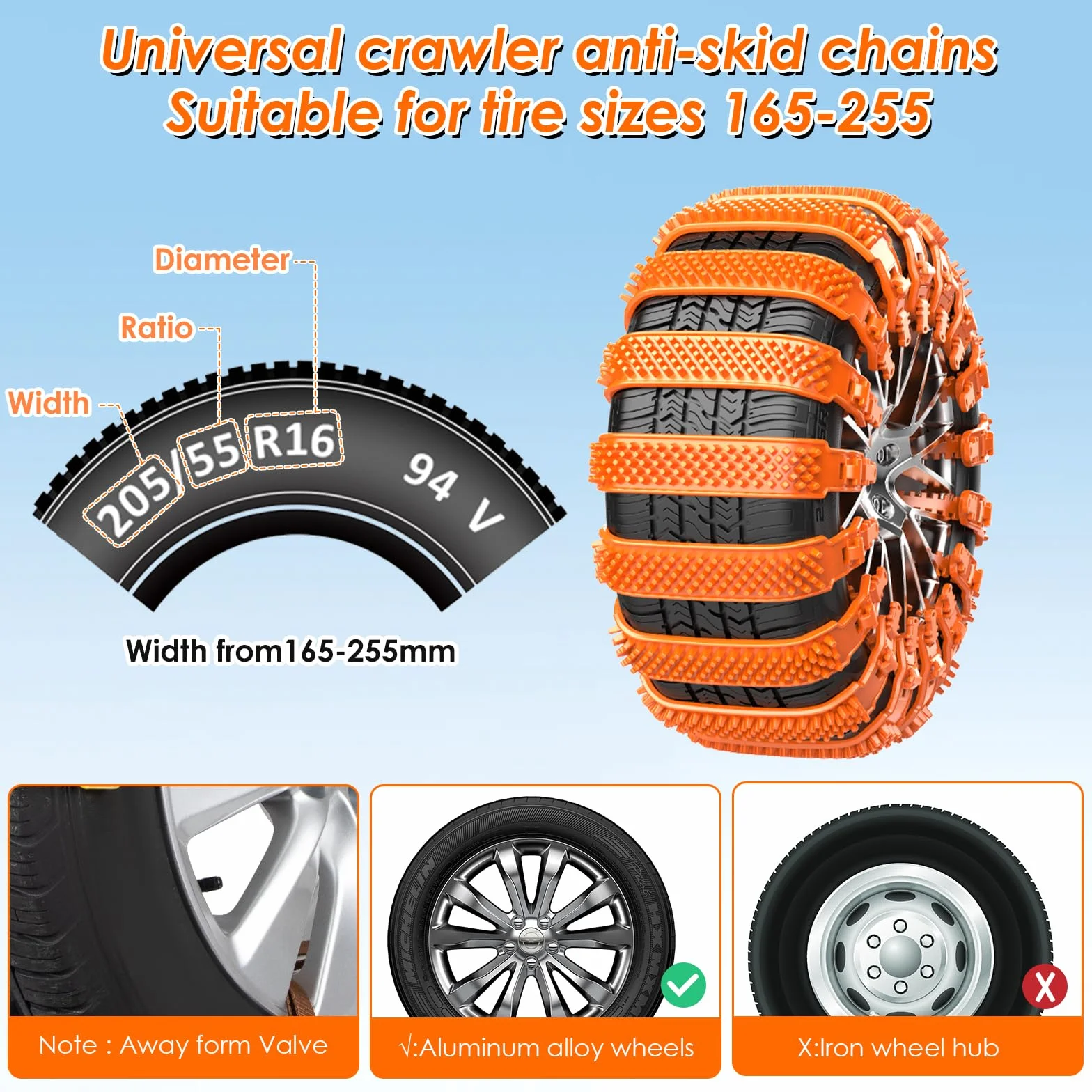 Catene da neve automatiche universali Oziral - Tipo a sgancio rapido per pneumatici 165-255 - 10 pezzi antiscivolo di emergenza per auto, SUV, camion
