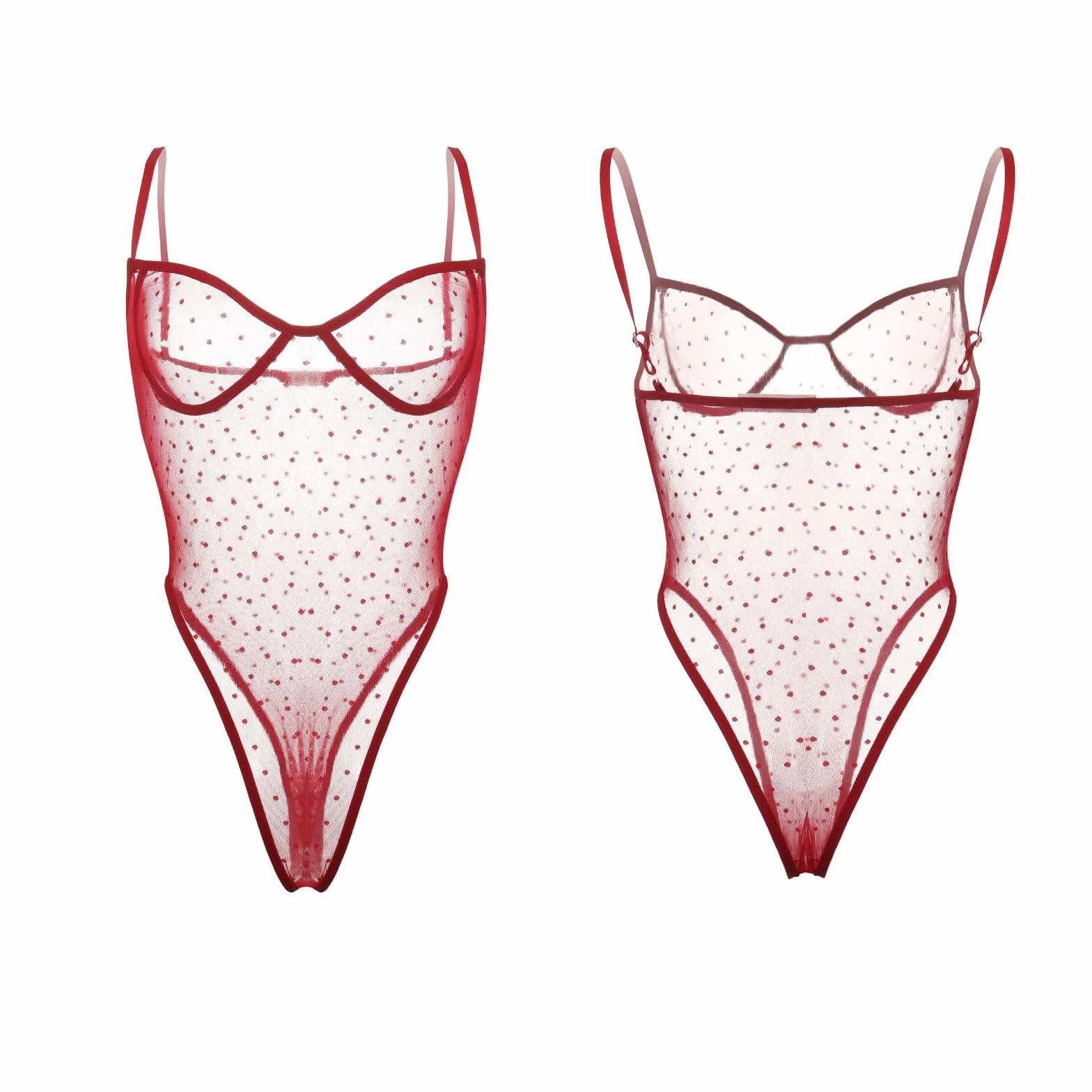 Intimo Donna Sexy Lingerie Rete Body Babydoll Trasparente Camicia da Notte in Pizzo Elasticizzato Negligees Scollo a V Profondo Chemise Senza Maniche con Pois per Natale Halloween Party (Rosso)