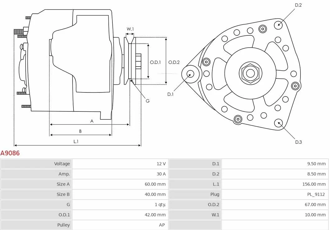 AS-PL Alternatore A9086 30A con puleggia Compatibilità con CITROËN 2CV Sedan Visa Hatchback Méhari Cabrio LNA Hatchback Acadiane Van Dyane Hatchback