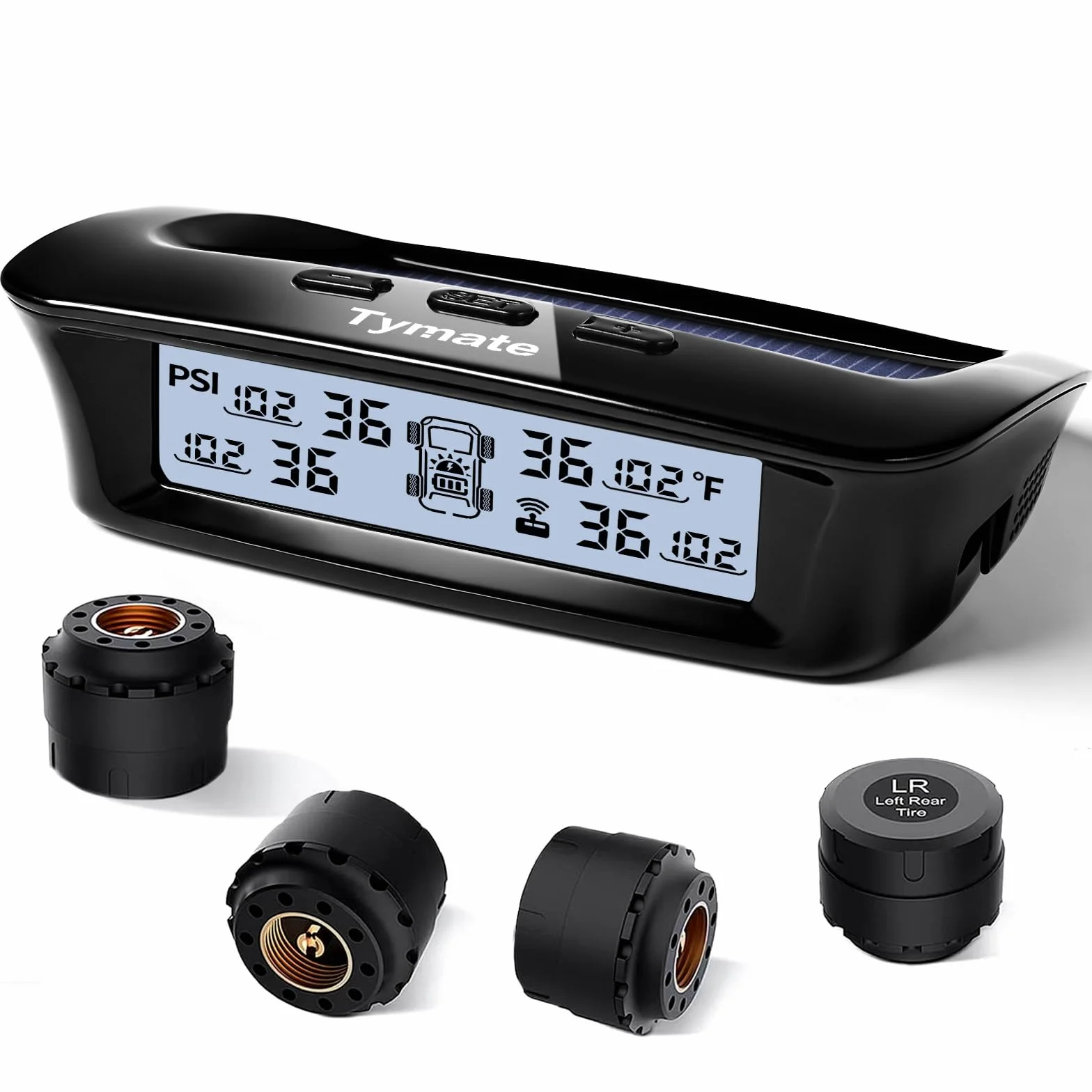 Tymate Sistema di monitoraggio della pressione dei pneumatici per camper, sistema di monitoraggio della pressione dei pneumatici M12-3 (0-87 PSI) con carica solare, 5 modalità di allarme, modalità di